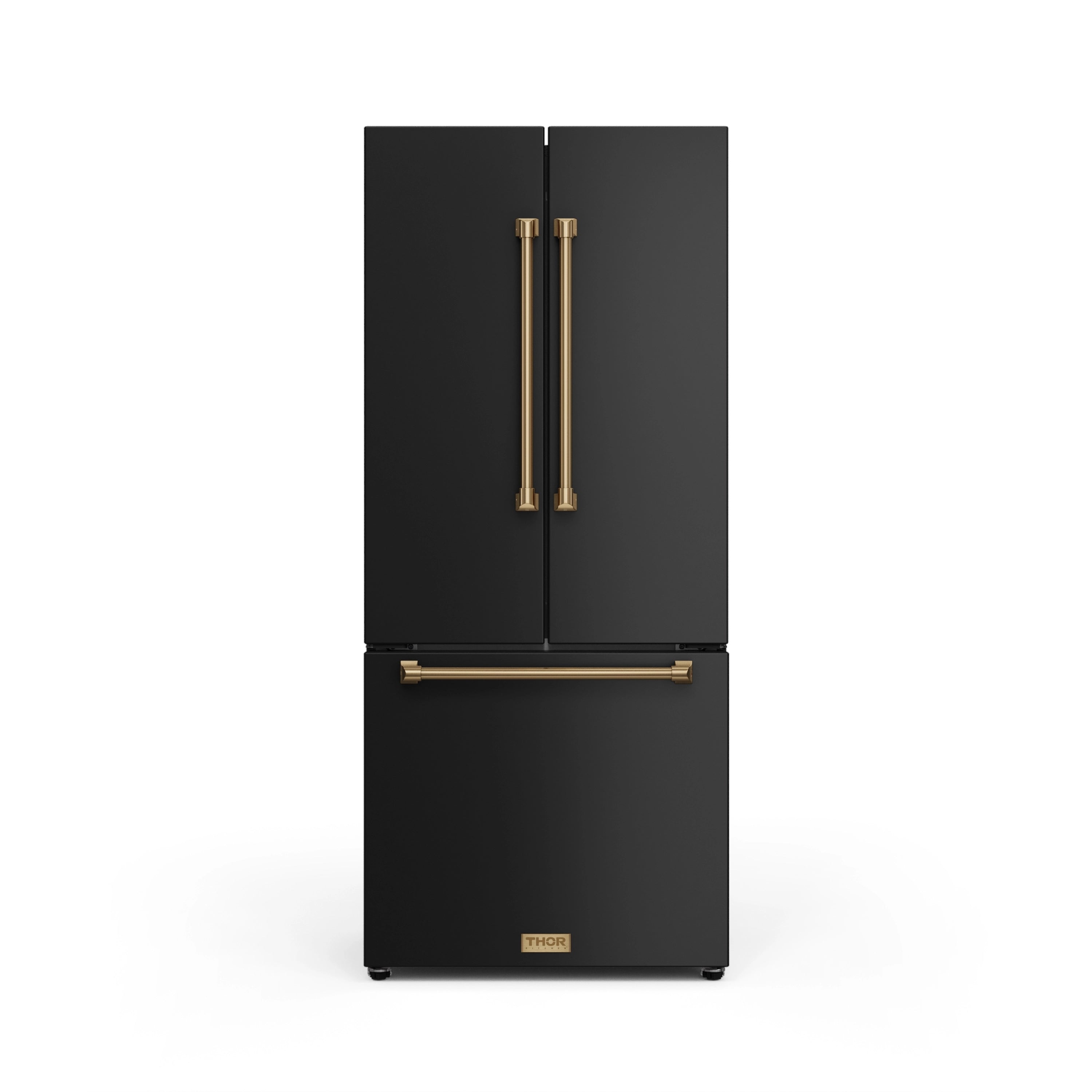 Black French door refrigerator with two vertical bronze handles and top doors closed