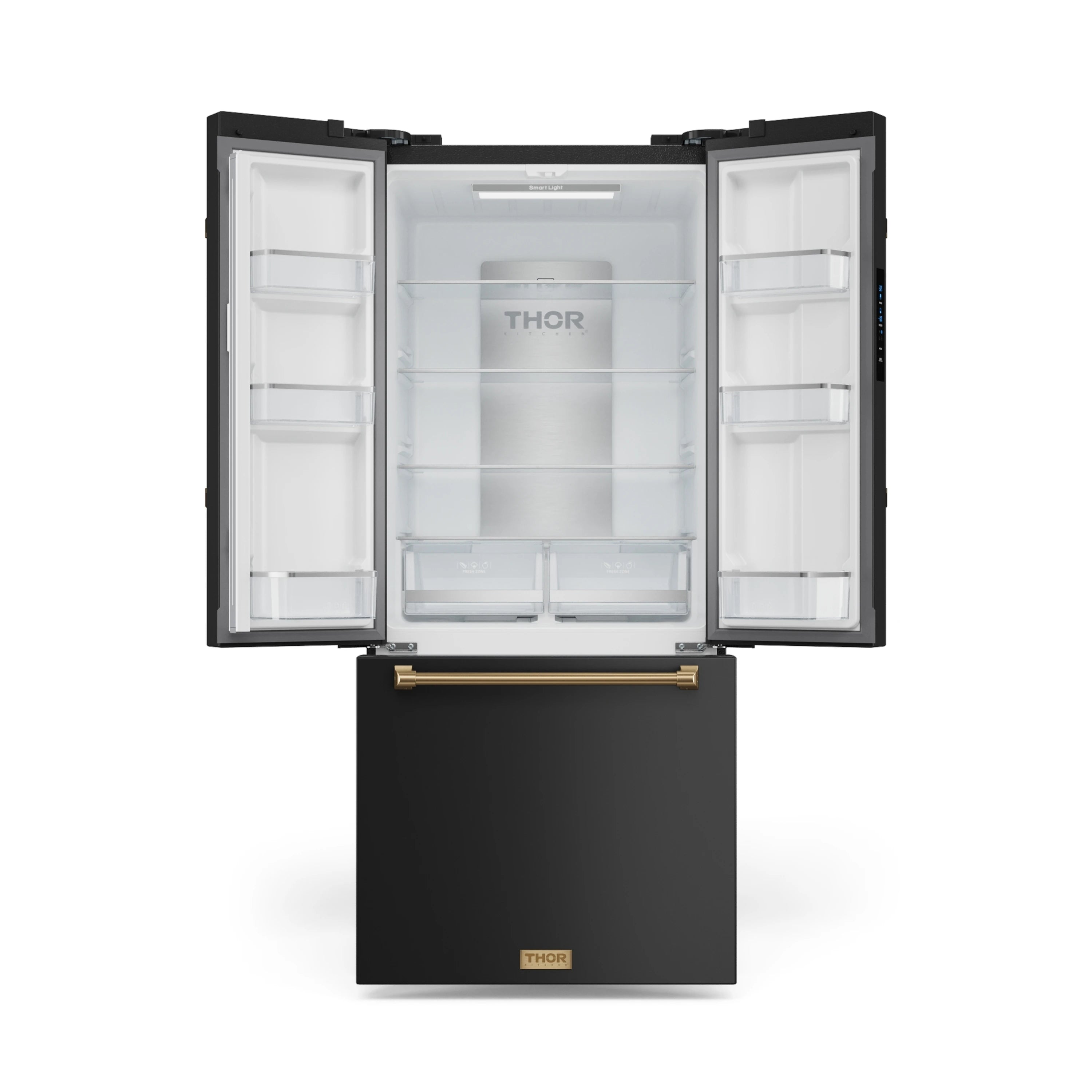 Black refrigerator with French doors open and freezer drawer pulled out