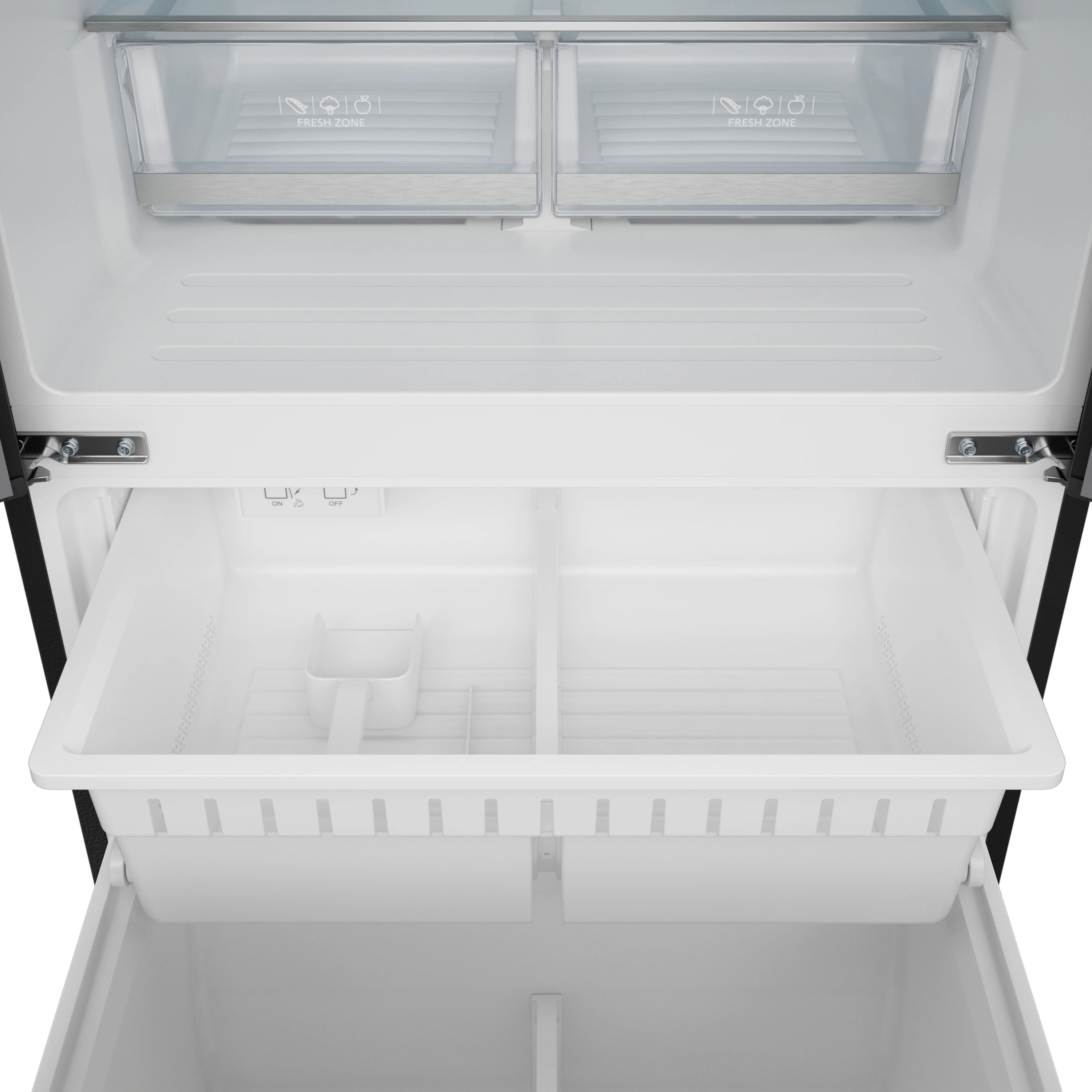 Freezer interior with white drawers and storage bins beneath the counter-depth unit