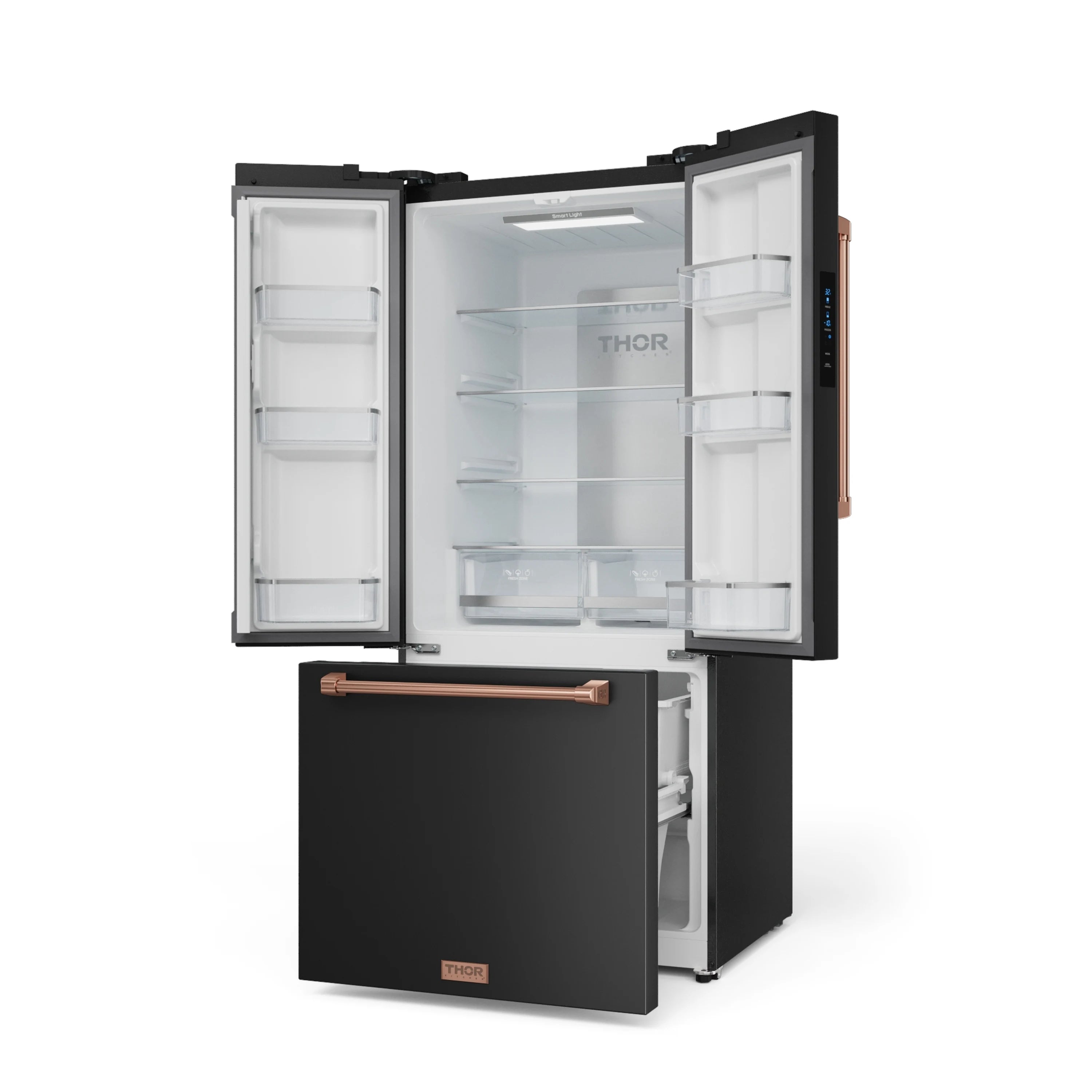 Black counter-depth French-door refrigerator with rose gold handle, doors open.