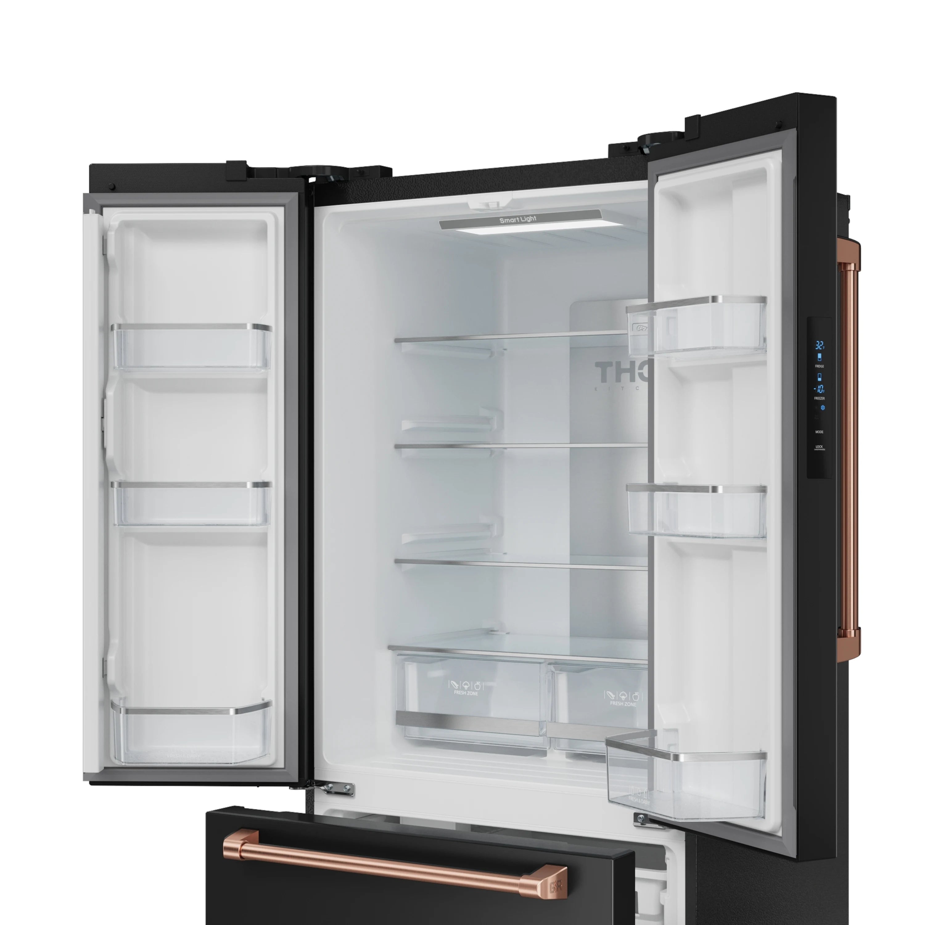 Black counter-depth French-door refrigerator with rose gold handle, both doors open.