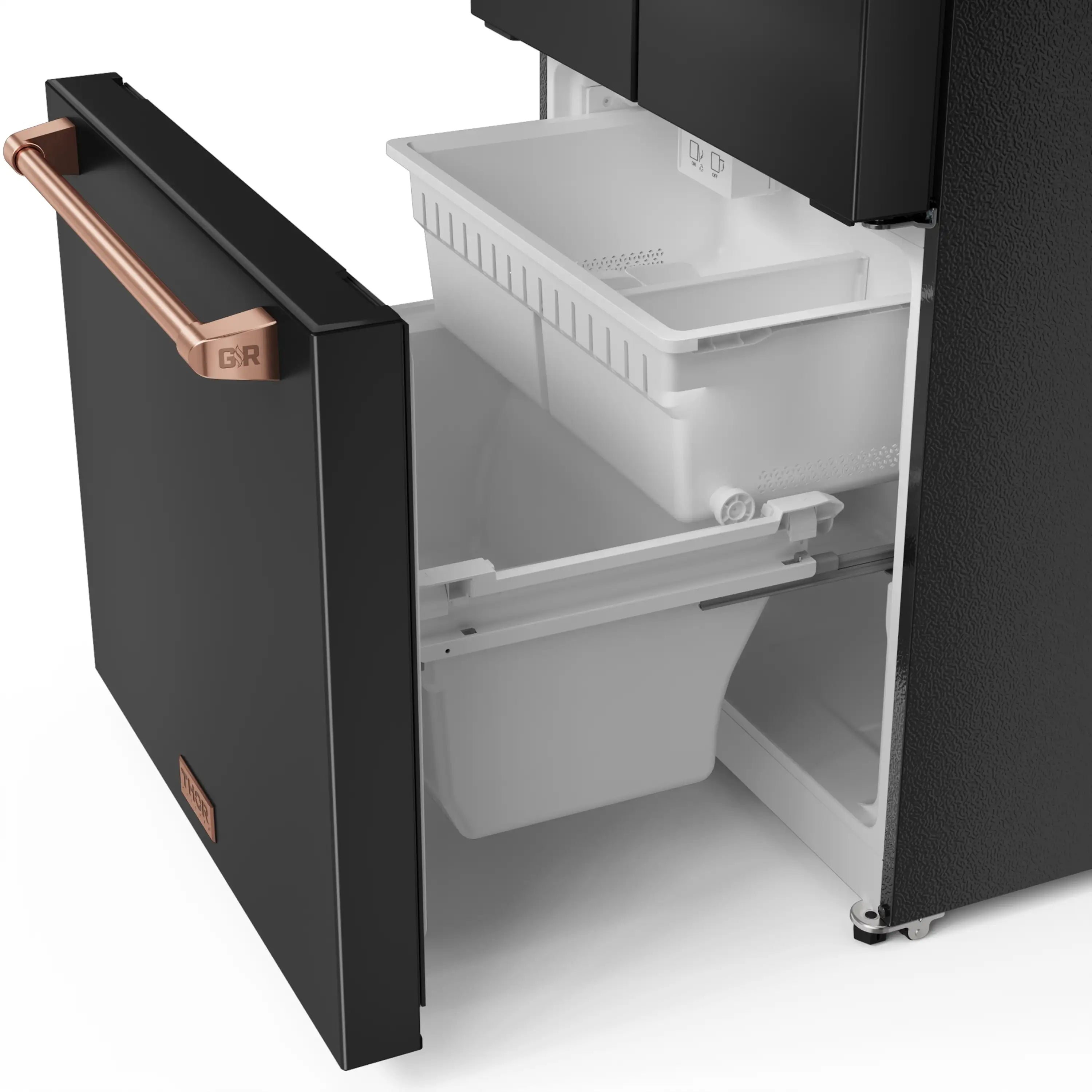 Black refrigerator door open showing ice bin and freezer drawer area.