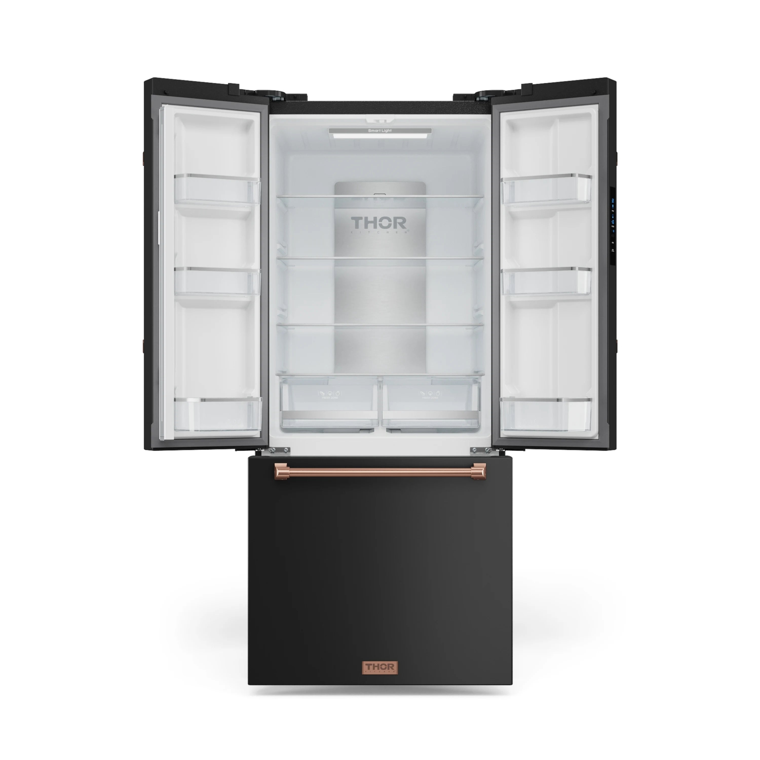 Black counter-depth French-door refrigerator with rose gold handle, doors open to interior.