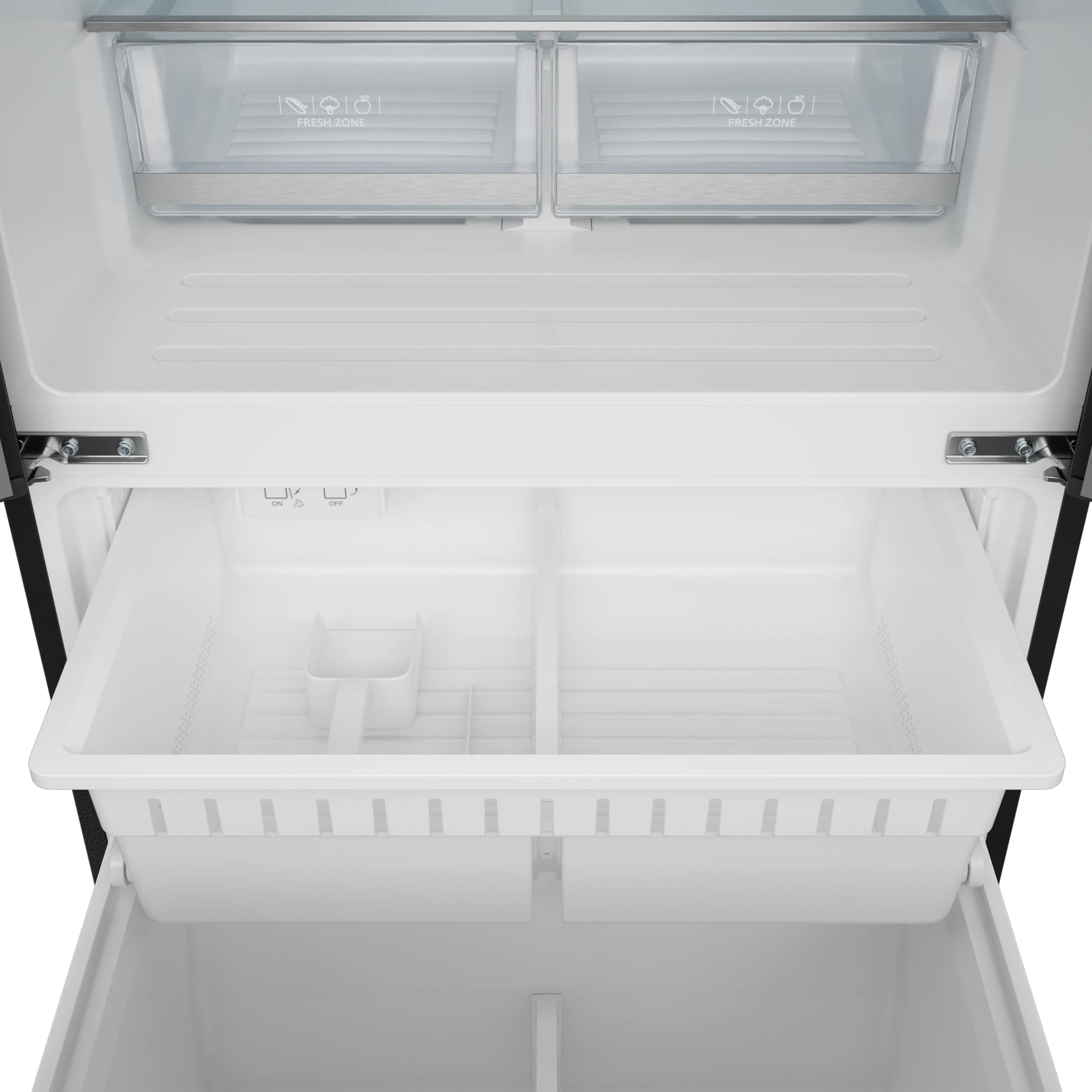 White freezer interior with shelves and drawers, viewed from above.
