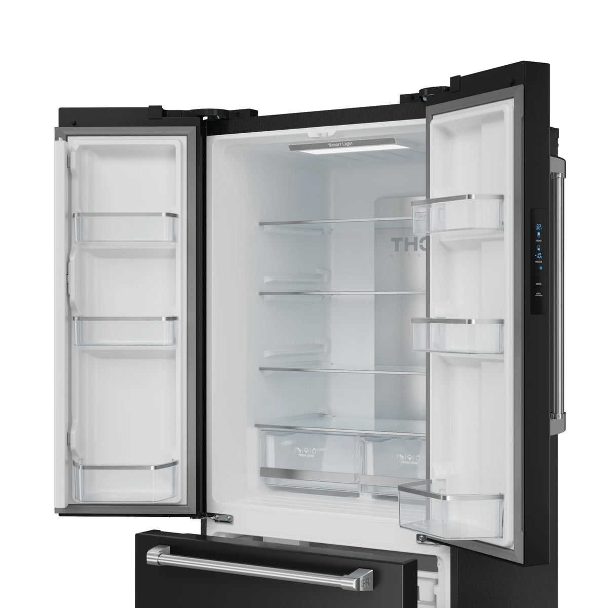 Black French door counter-depth refrigerator with ice maker, doors open and interior shelves