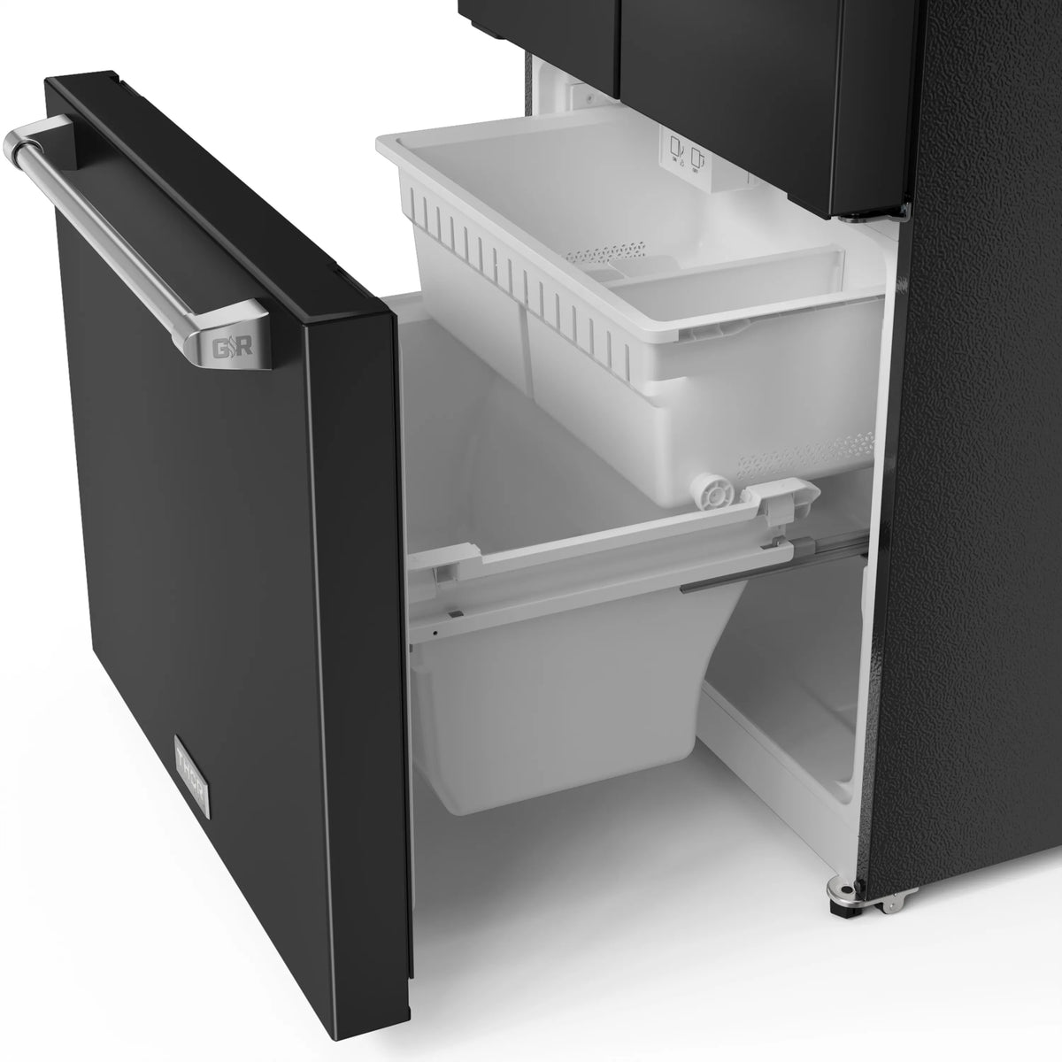 Refrigerator freezer drawer open with white ice container and interior compartment