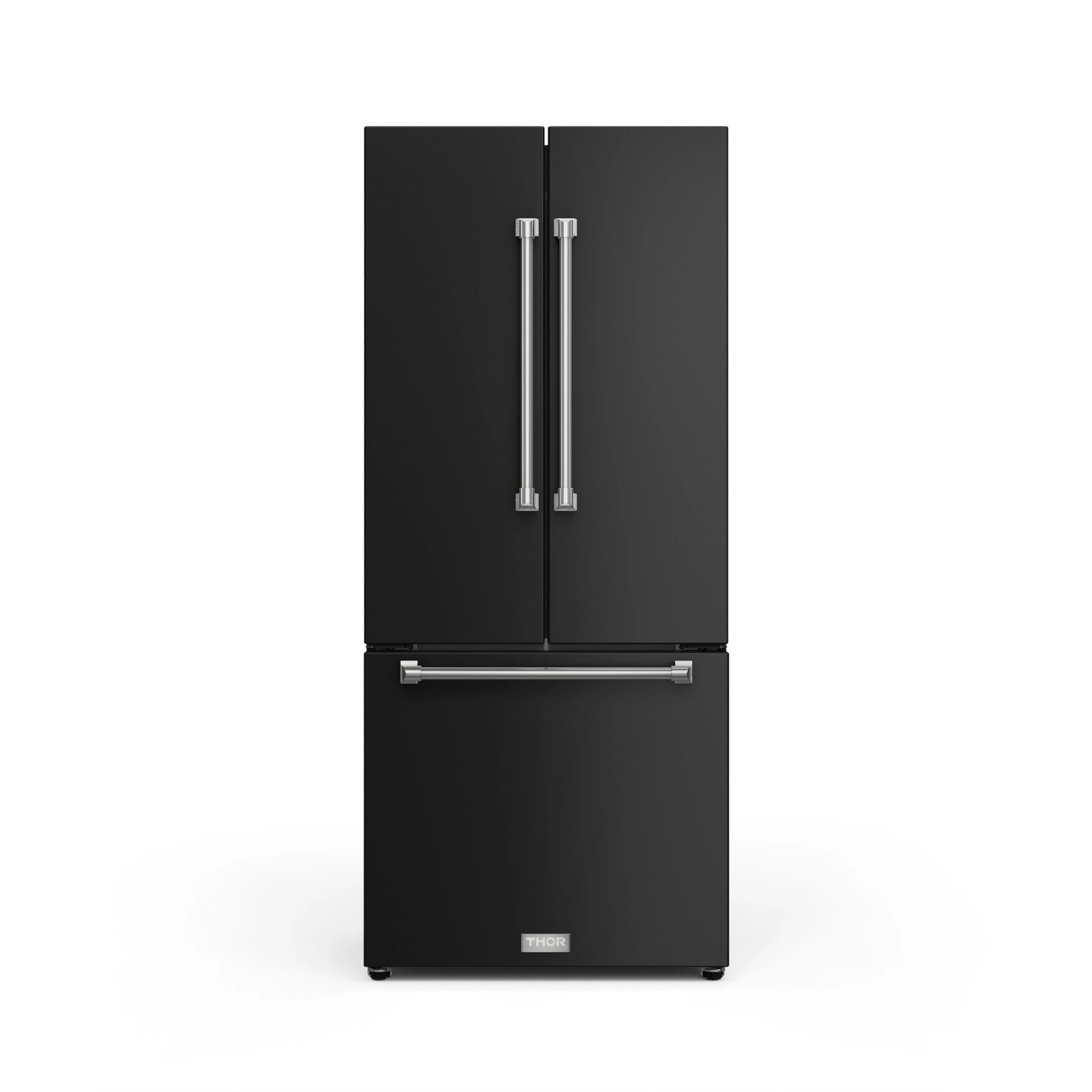 Black French door refrigerator with two vertical handles and freezer drawer below