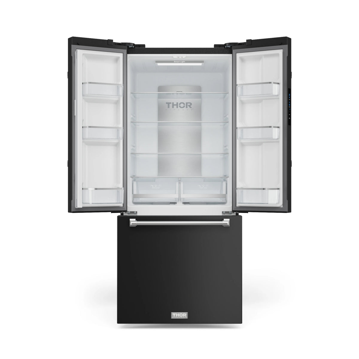 Black French door refrigerator with ice maker, doors open and freezer drawer open