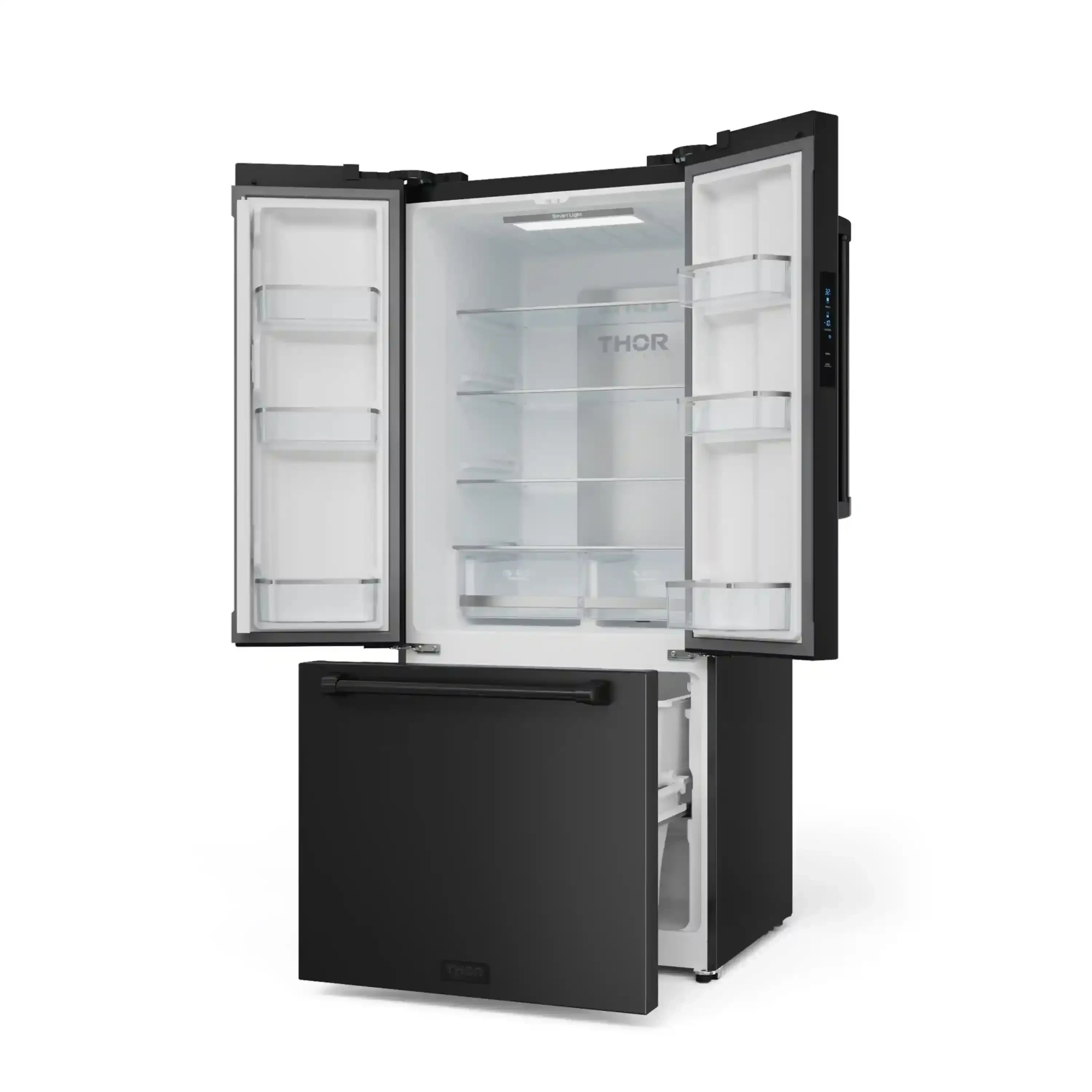 Black French door refrigerator with open doors and pull-out freezer drawer