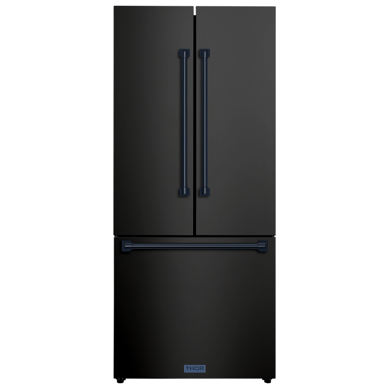 Thor Kitchen Gordon Ramsay Series 30-Inch 17.5 cu ft French Door Counter Depth Refrigerator with Ice Maker in Black with Navy Blue Trim (RF3017FFD00-BLU)