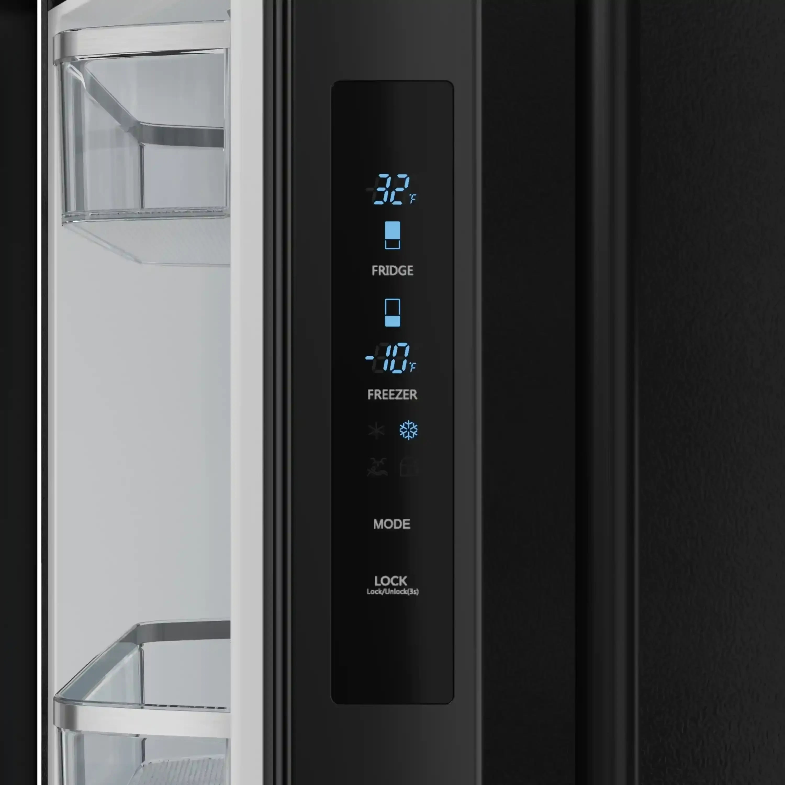 Black refrigerator door control panel with temperature and mode display