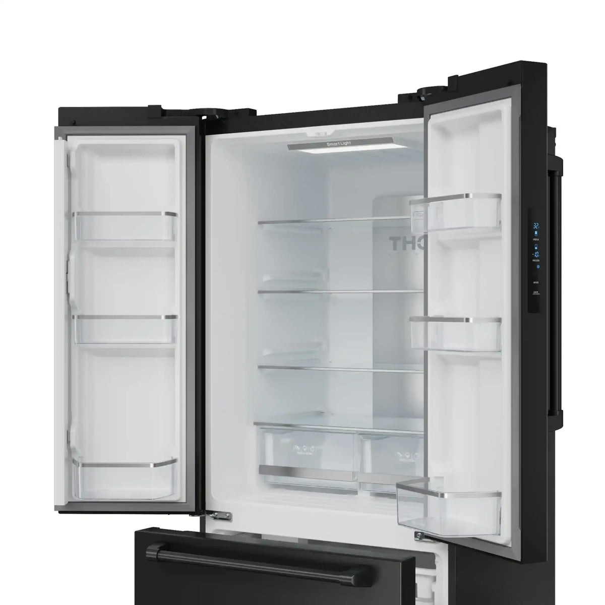 Black French door refrigerator with one door open showing glass shelves