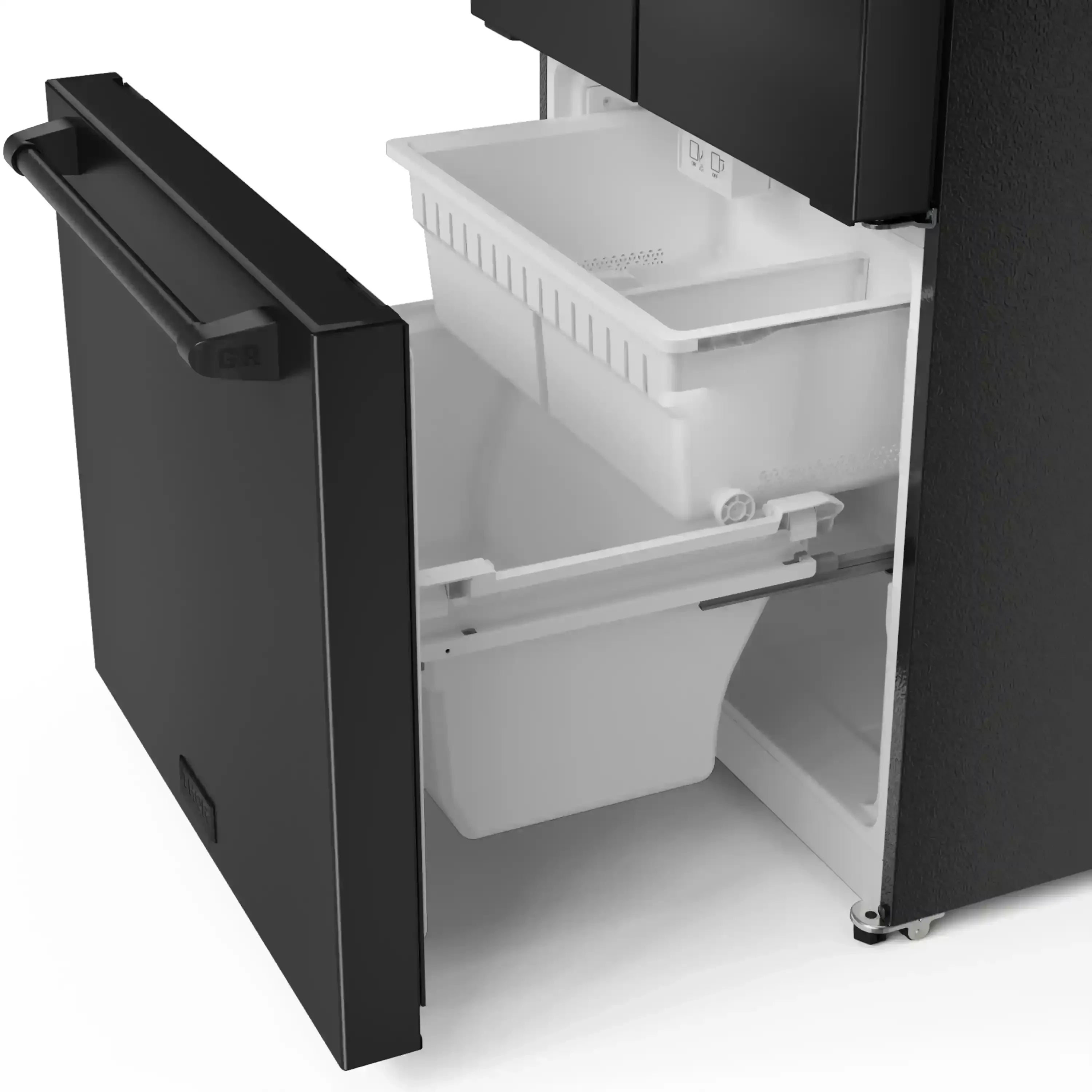 Black refrigerator freezer drawer with pull-out ice maker bin