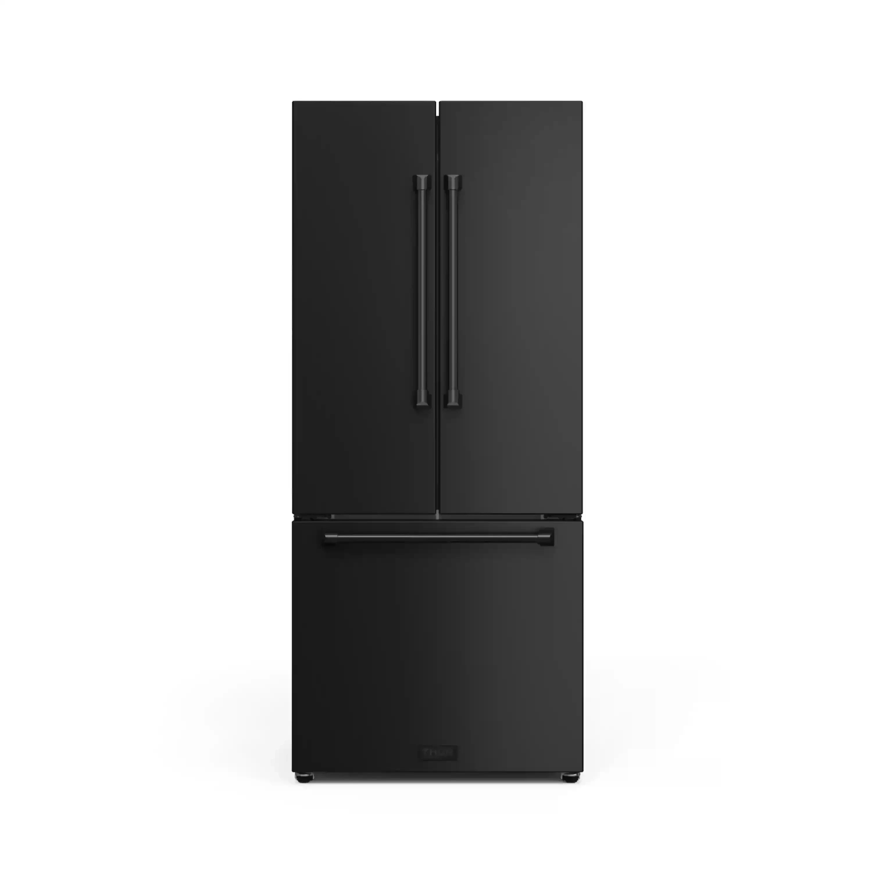 Black double-door refrigerator with two vertical handles