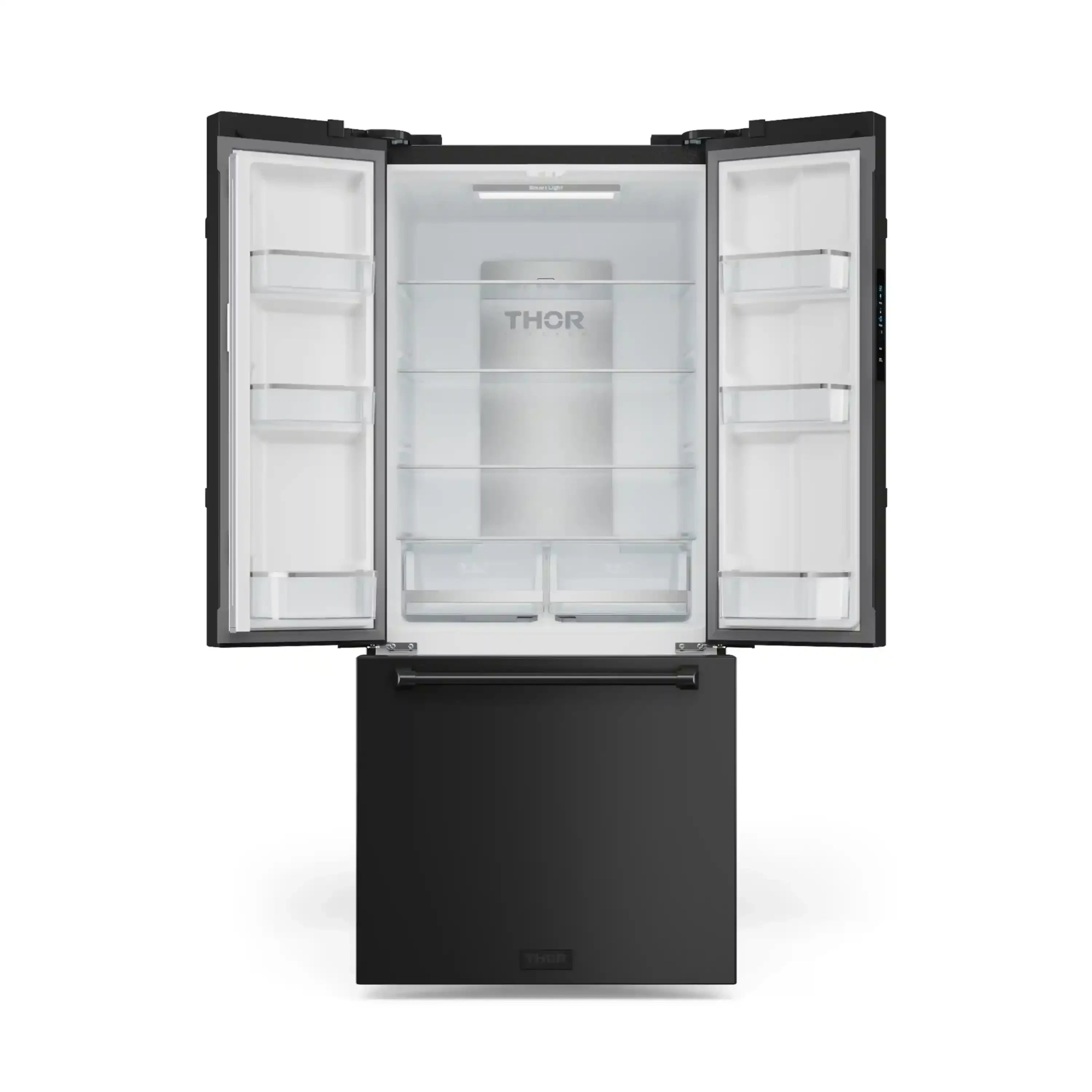 Black French door refrigerator with both doors open