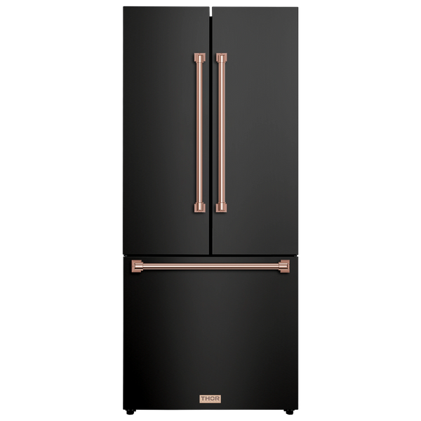 Thor Kitchen Gordon Ramsay Series 30-Inch 17.5 cu ft French Door Counter Depth Refrigerator with Ice Maker in Black with Rose Gold Trim (RF3017FFD00-RSG)