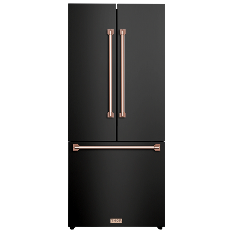 Thor Kitchen Gordon Ramsay Series 30-Inch 17.5 cu ft French Door Counter Depth Refrigerator with Ice Maker in Black with Rose Gold Trim (RF3017FFD00-RSG)