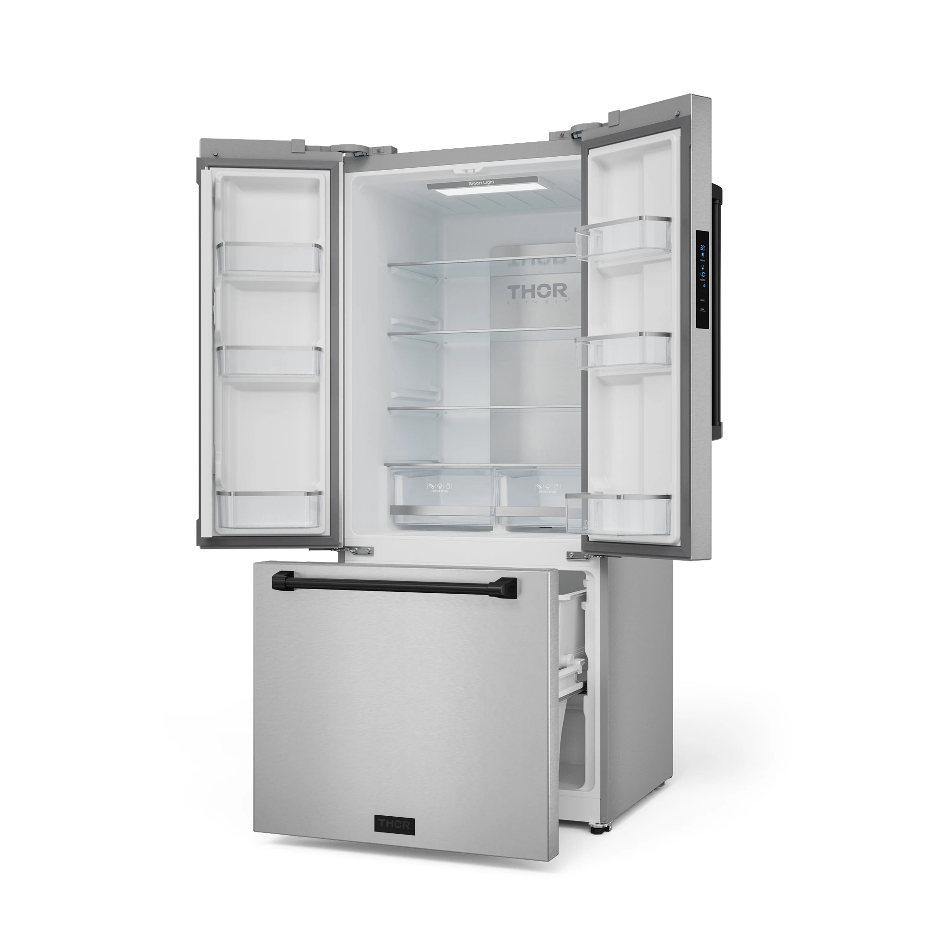 Stainless steel French-door refrigerator with open doors and pull-out freezer drawer
