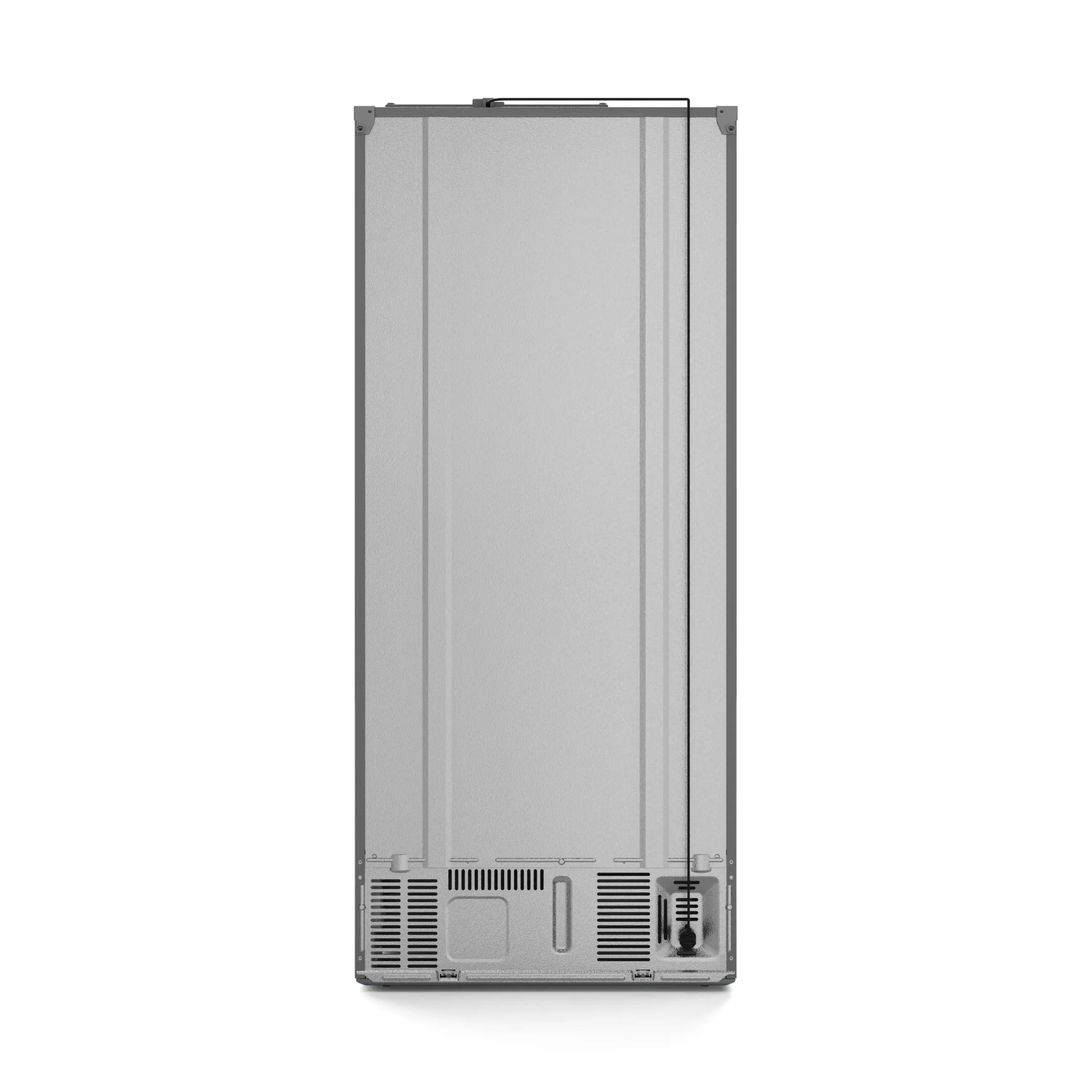 Stainless steel refrigerator rear view with bottom ventilation grilles