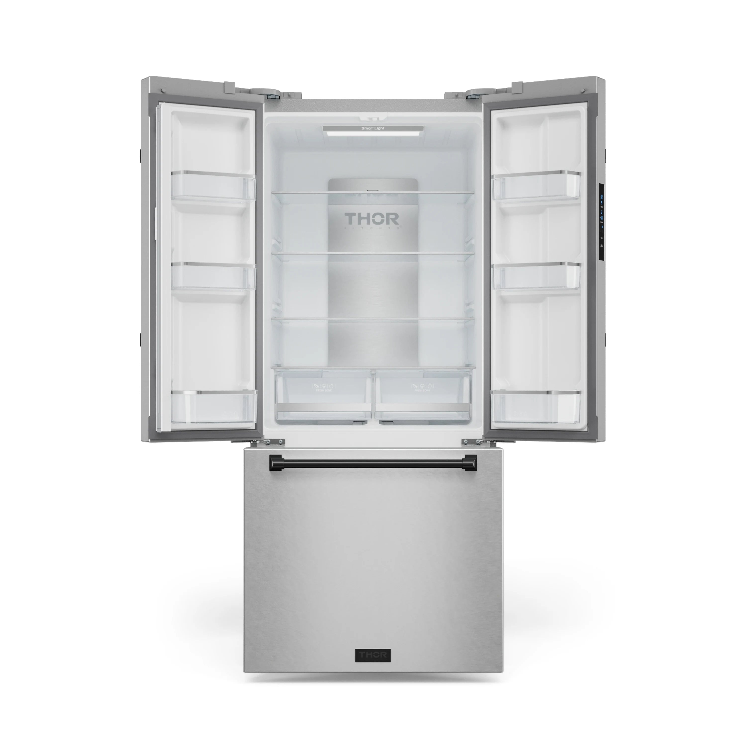 Stainless steel French-door refrigerator with open doors and freezer drawer down