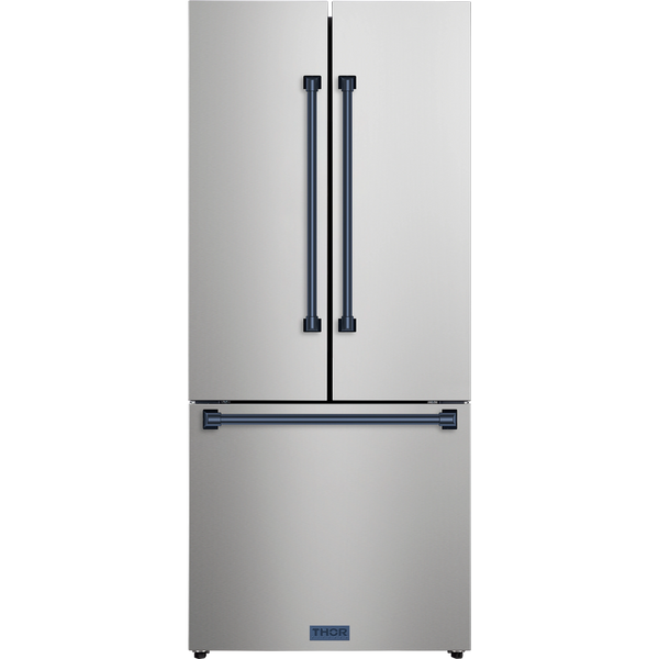 Thor Kitchen Gordon Ramsay Series 30-Inch 17.5 cu ft French Door Counter Depth Refrigerator with Ice Maker in Stainless Steel with Navy Blue Trim  (RF3017FFD99-BLU)