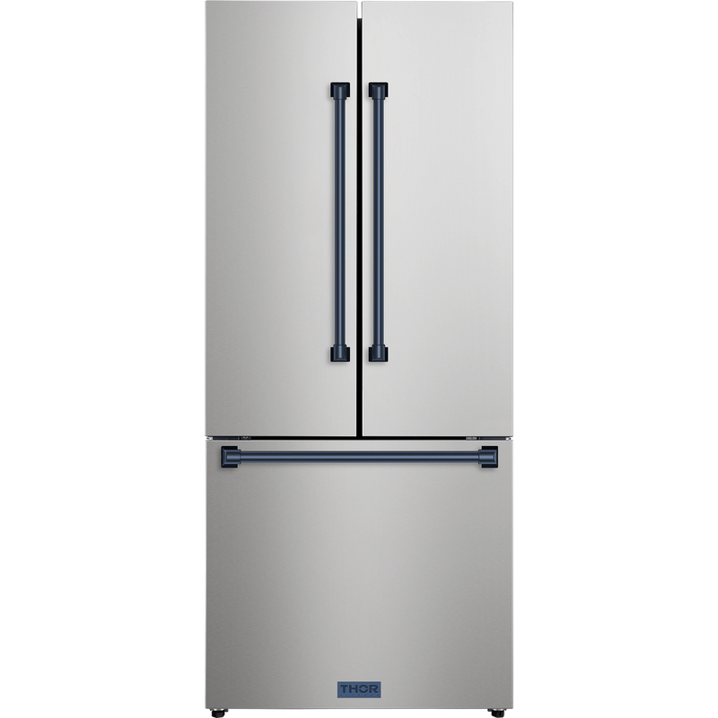 Thor Kitchen Gordon Ramsay Series 30-Inch 17.5 cu ft French Door Counter Depth Refrigerator with Ice Maker in Stainless Steel with Navy Blue Trim  (RF3017FFD99-BLU)