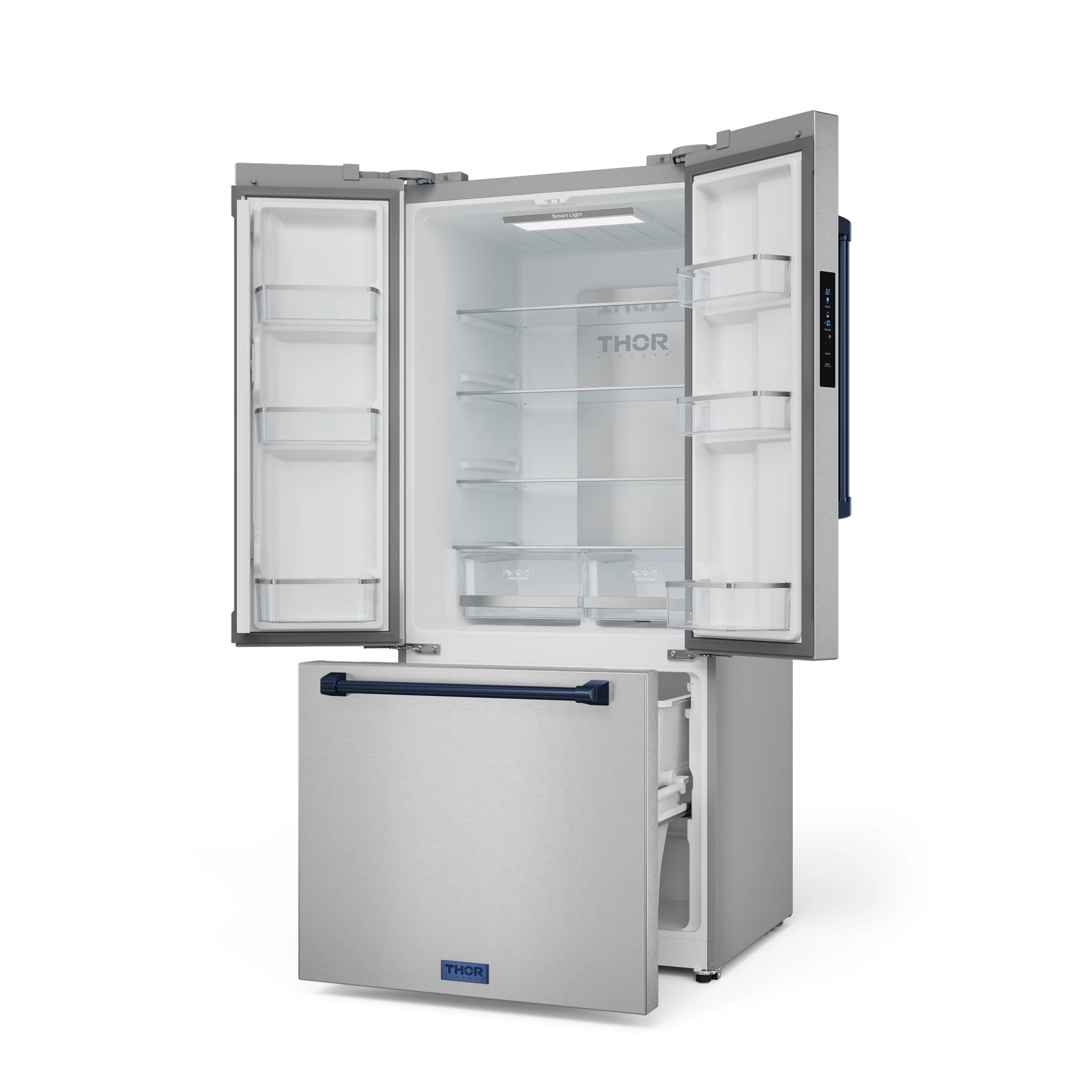 Stainless steel French door refrigerator with open fridge interior and navy handle