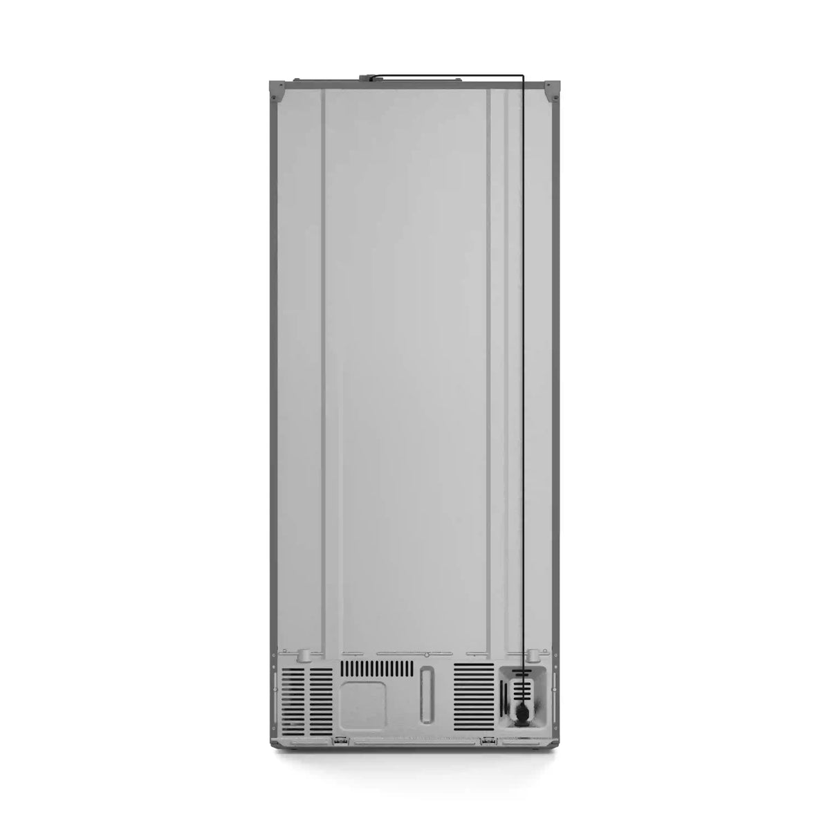Stainless steel counter-depth refrigerator rear view with access panel