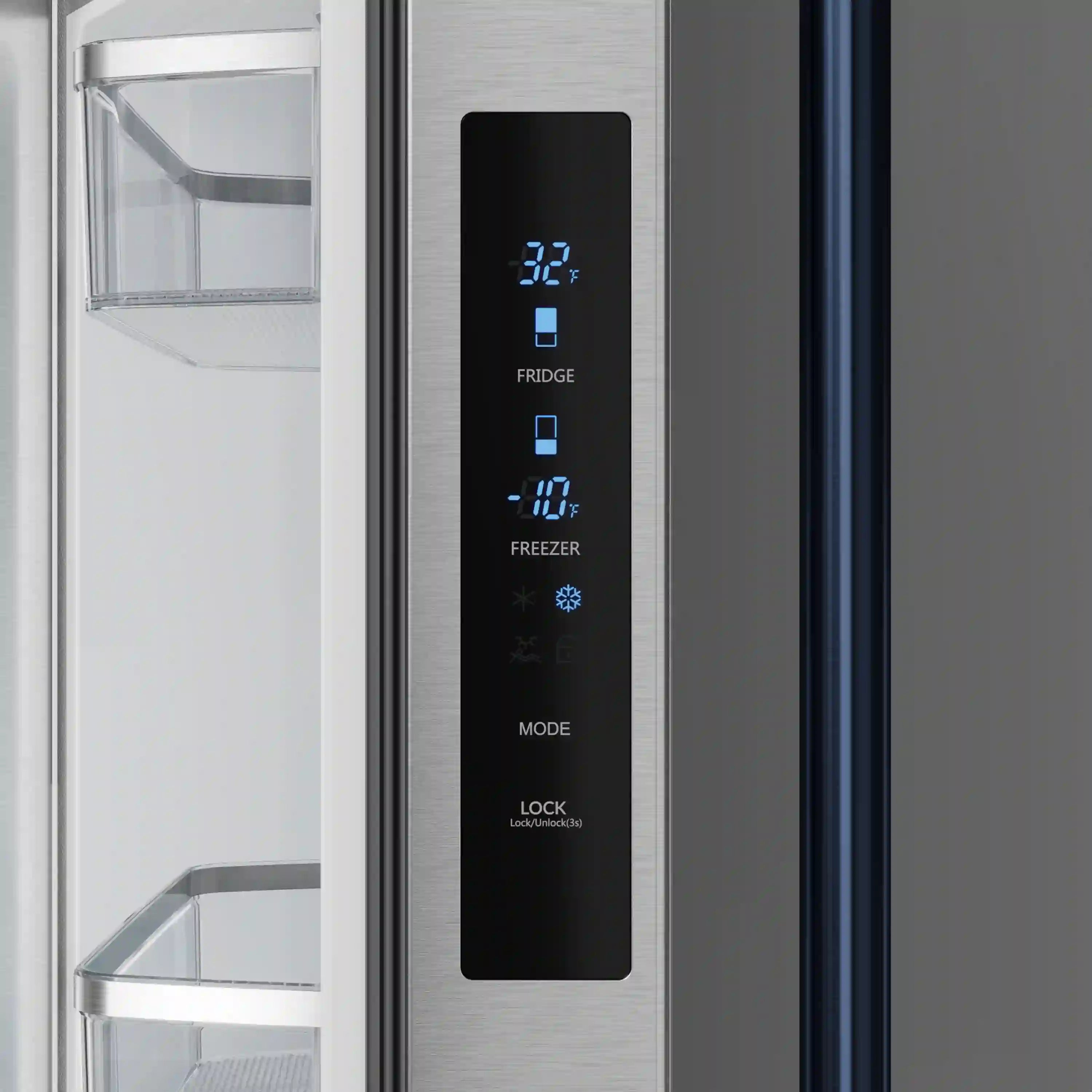 Stainless steel refrigerator control panel with blue digital display