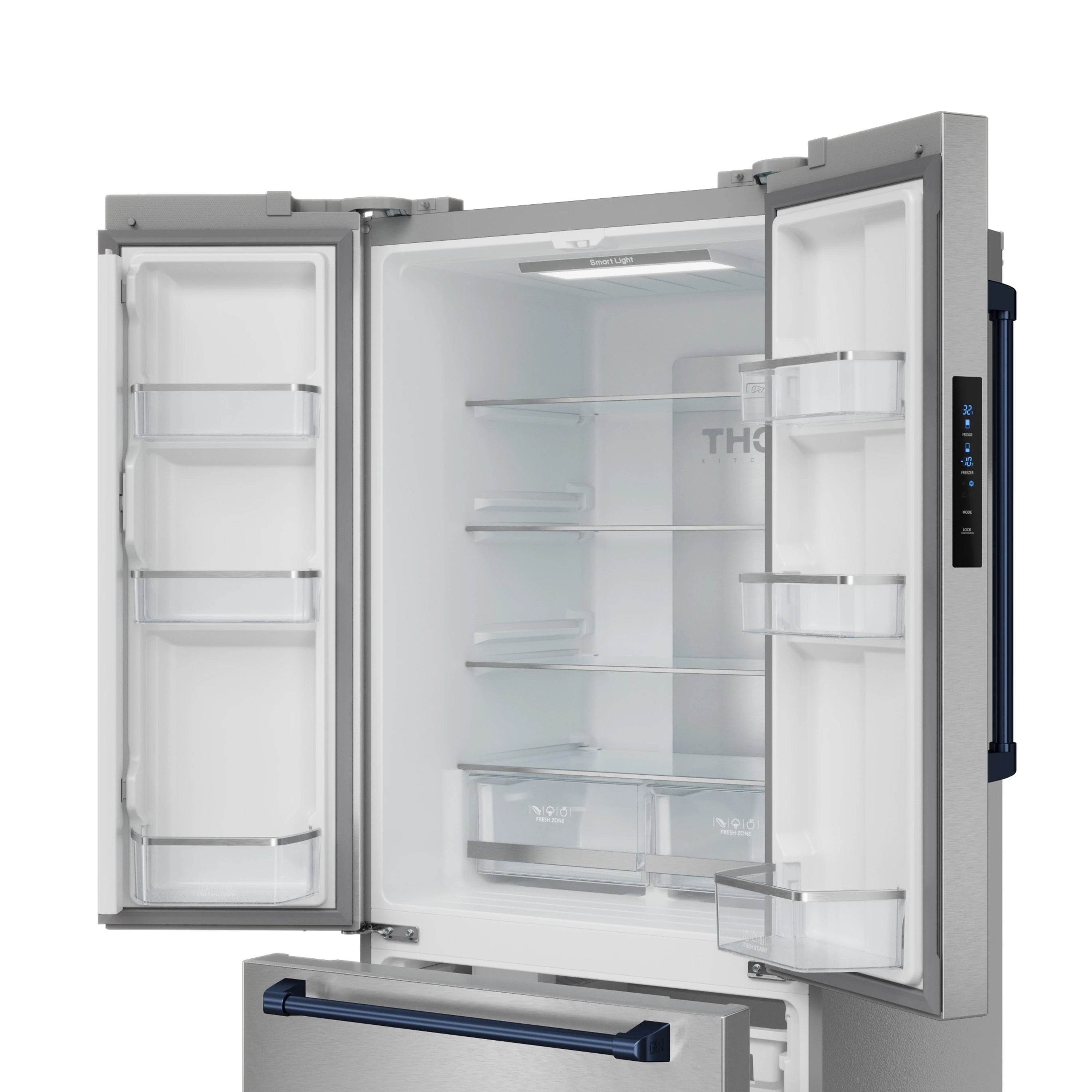 Stainless steel French door refrigerator with open doors and adjustable glass shelves