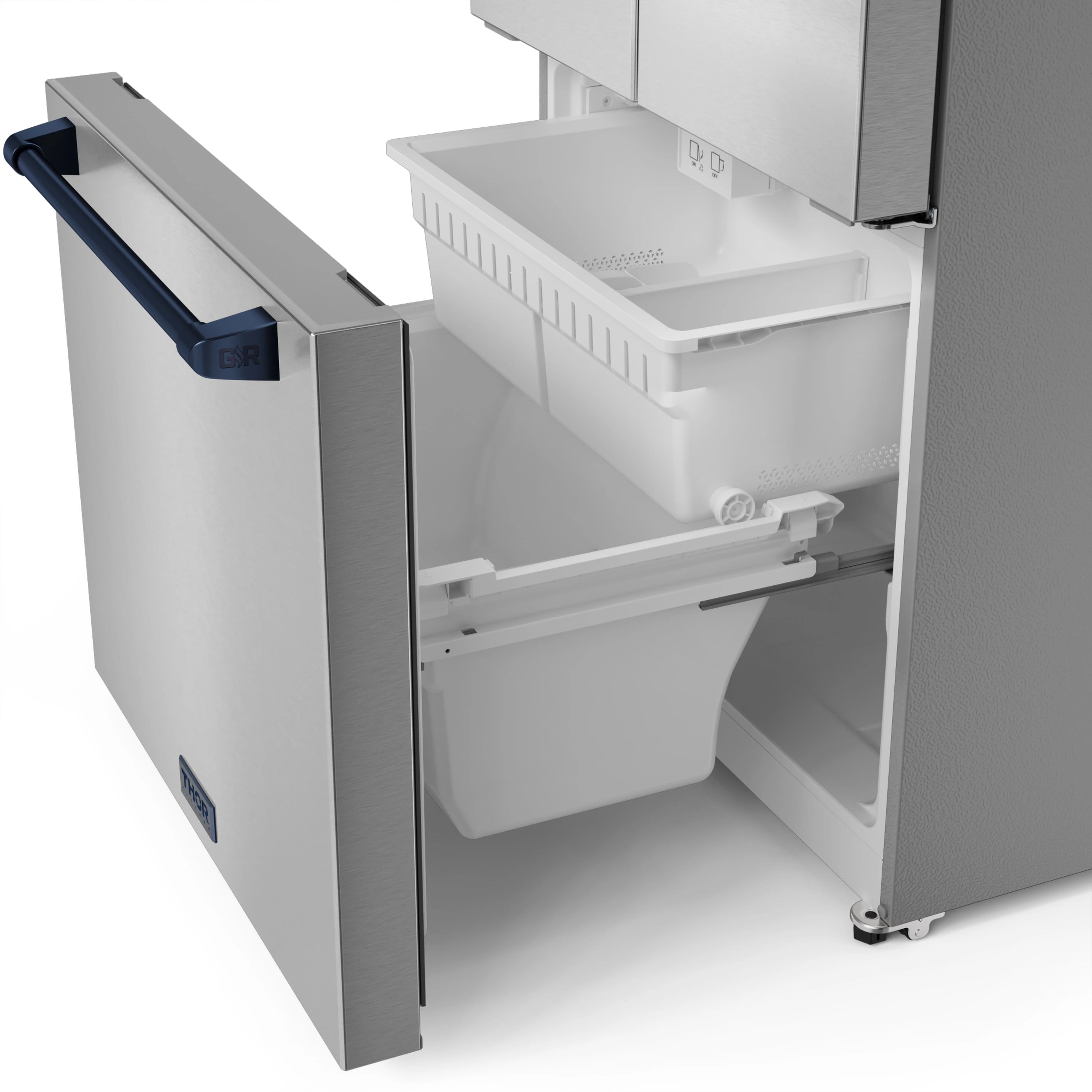 Refrigerator freezer drawer open with white ice bin and gray door liner