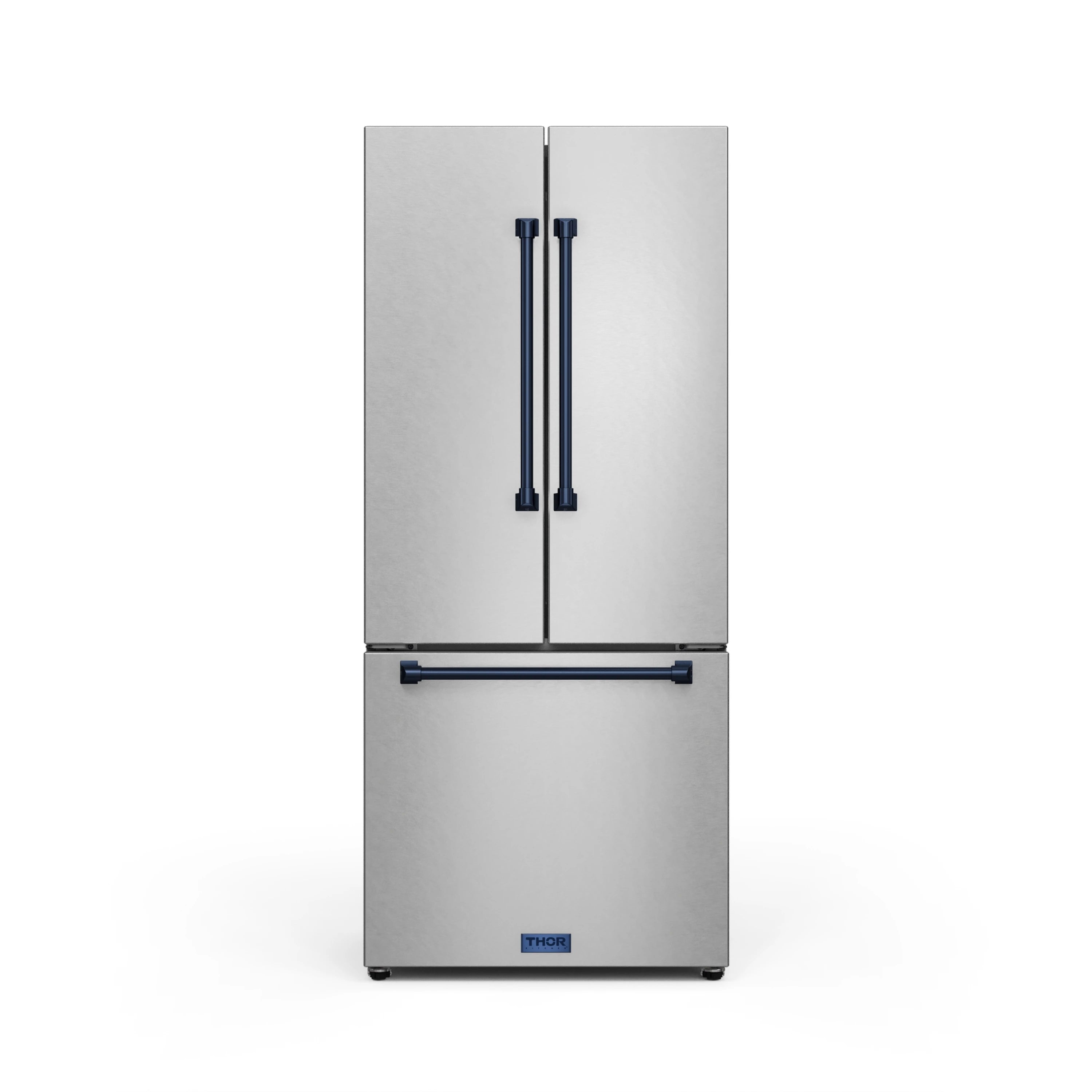 Stainless steel top French door refrigerator with navy center handle
