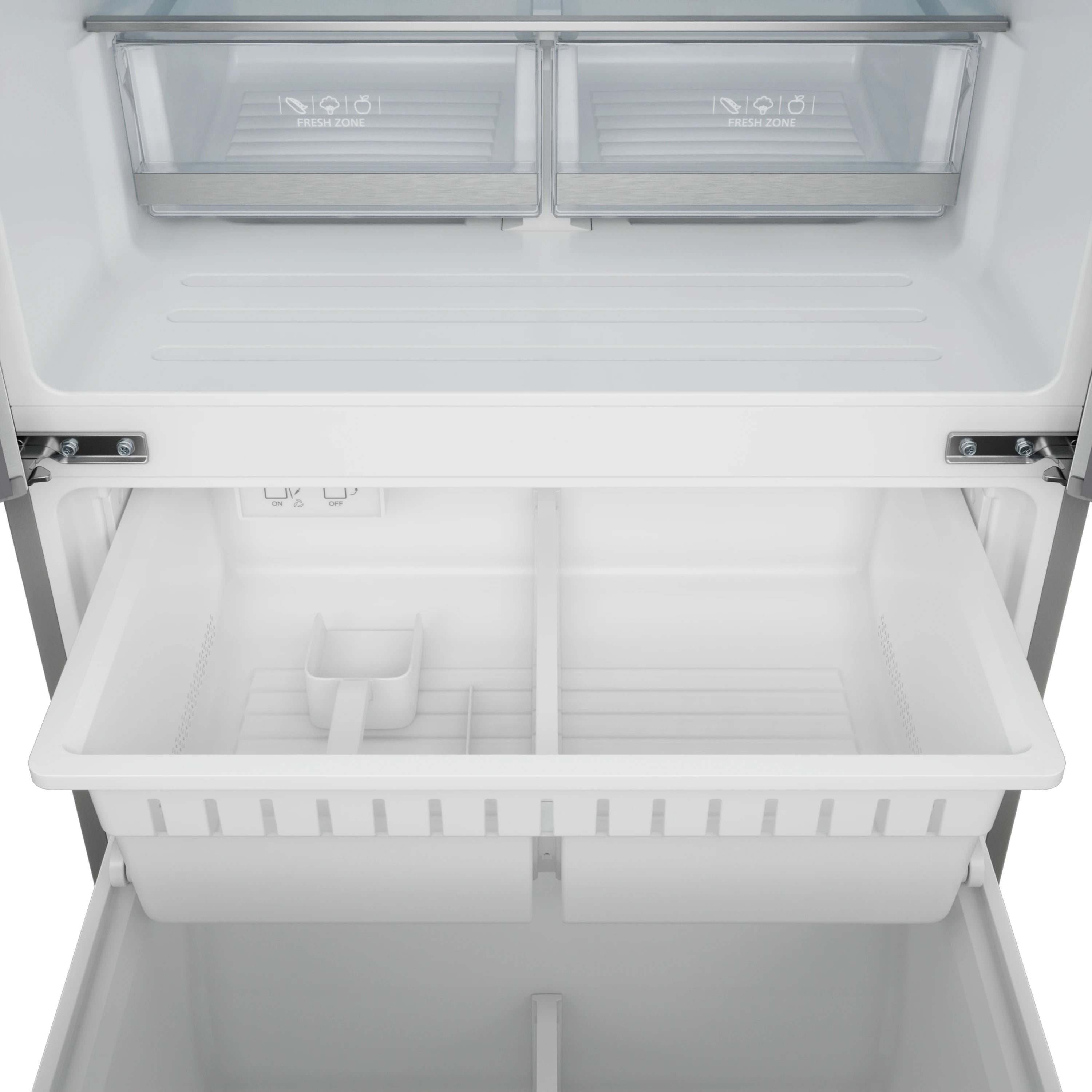Refrigerator freezer interior with clear bins and white shelving