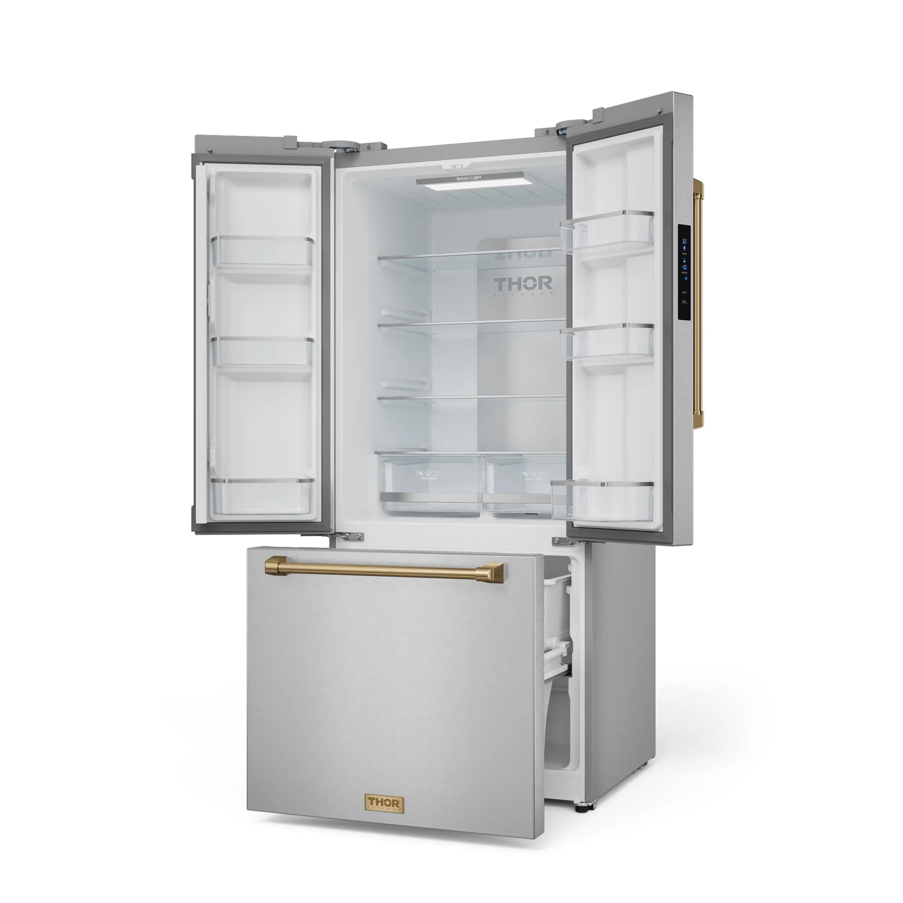 French door refrigerator open, showing white interior shelves and drawers