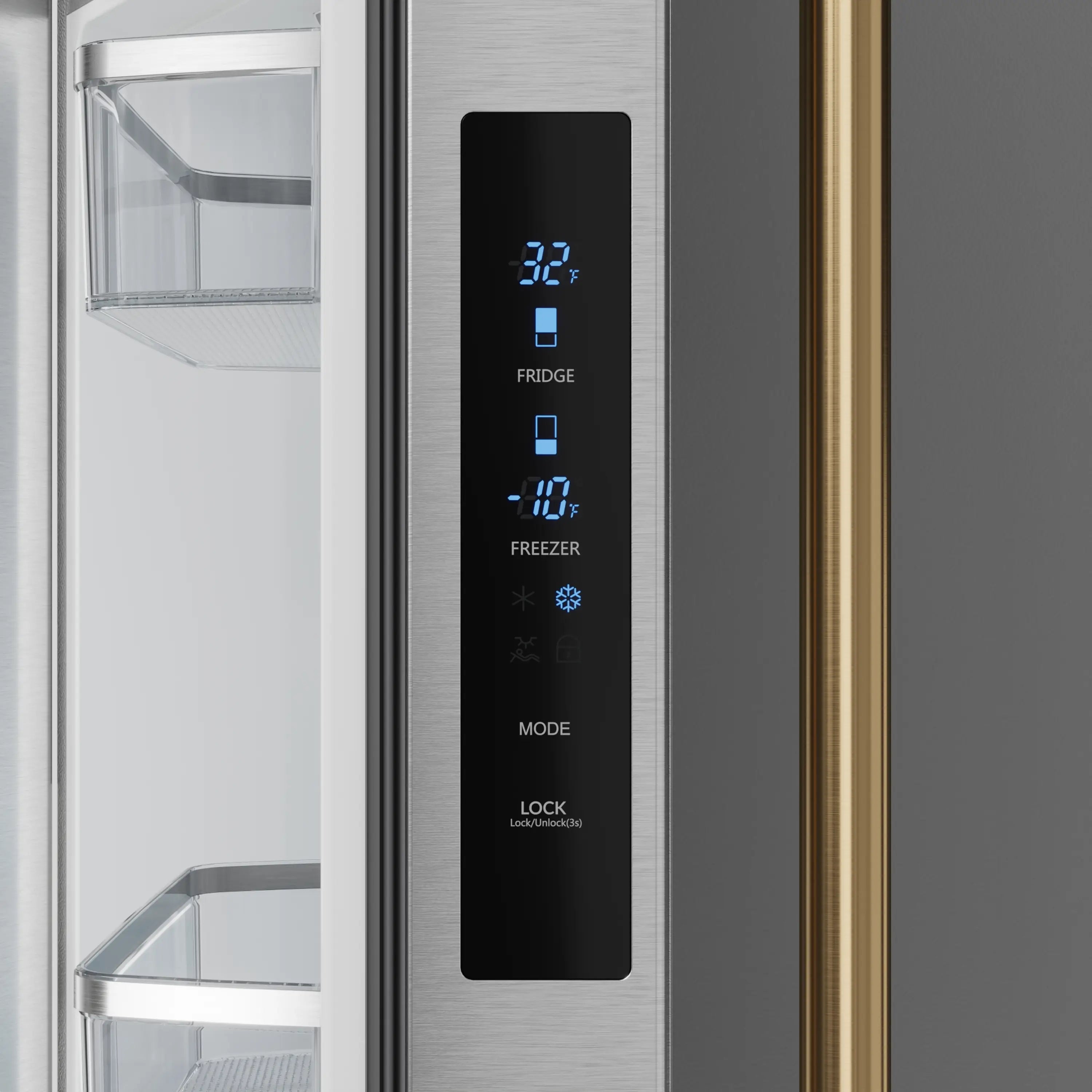 Stainless steel refrigerator door with digital temperature control panel and lock