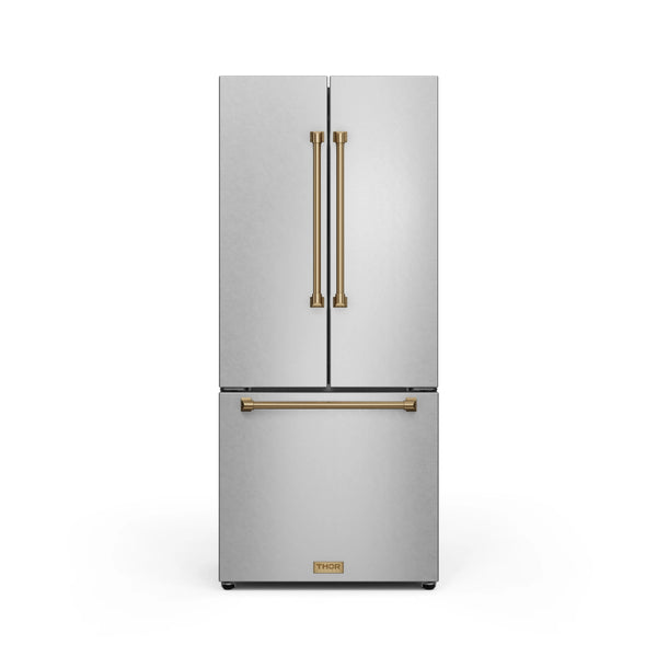 Thor Kitchen Gordon Ramsay Series 30-Inch 17.5 cu ft French Door Counter Depth Refrigerator with Ice Maker in Stainless Steel with Bronze Trim (RF3017FFD99-BRZ)