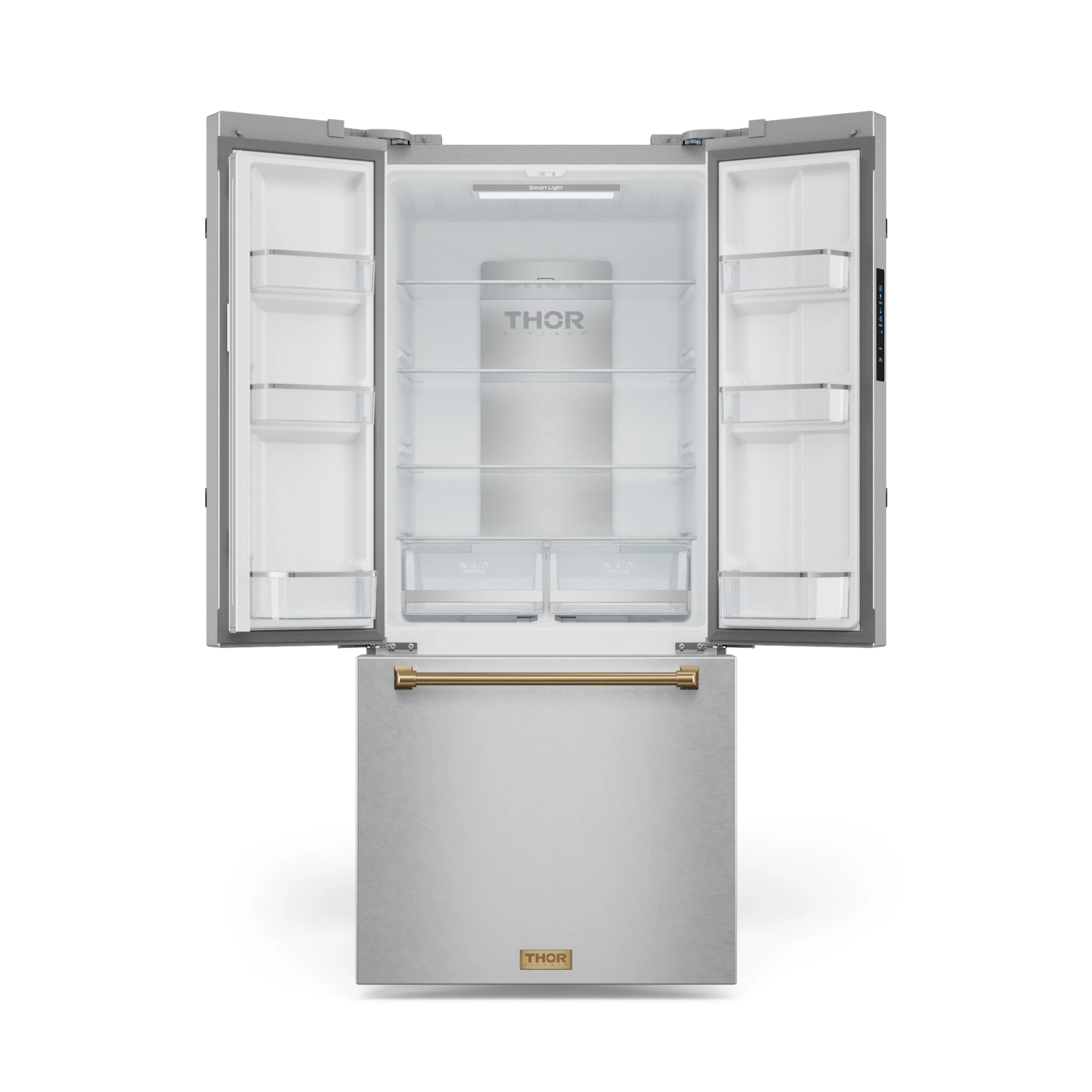 Stainless steel French door refrigerator with open doors and bronze pull handle