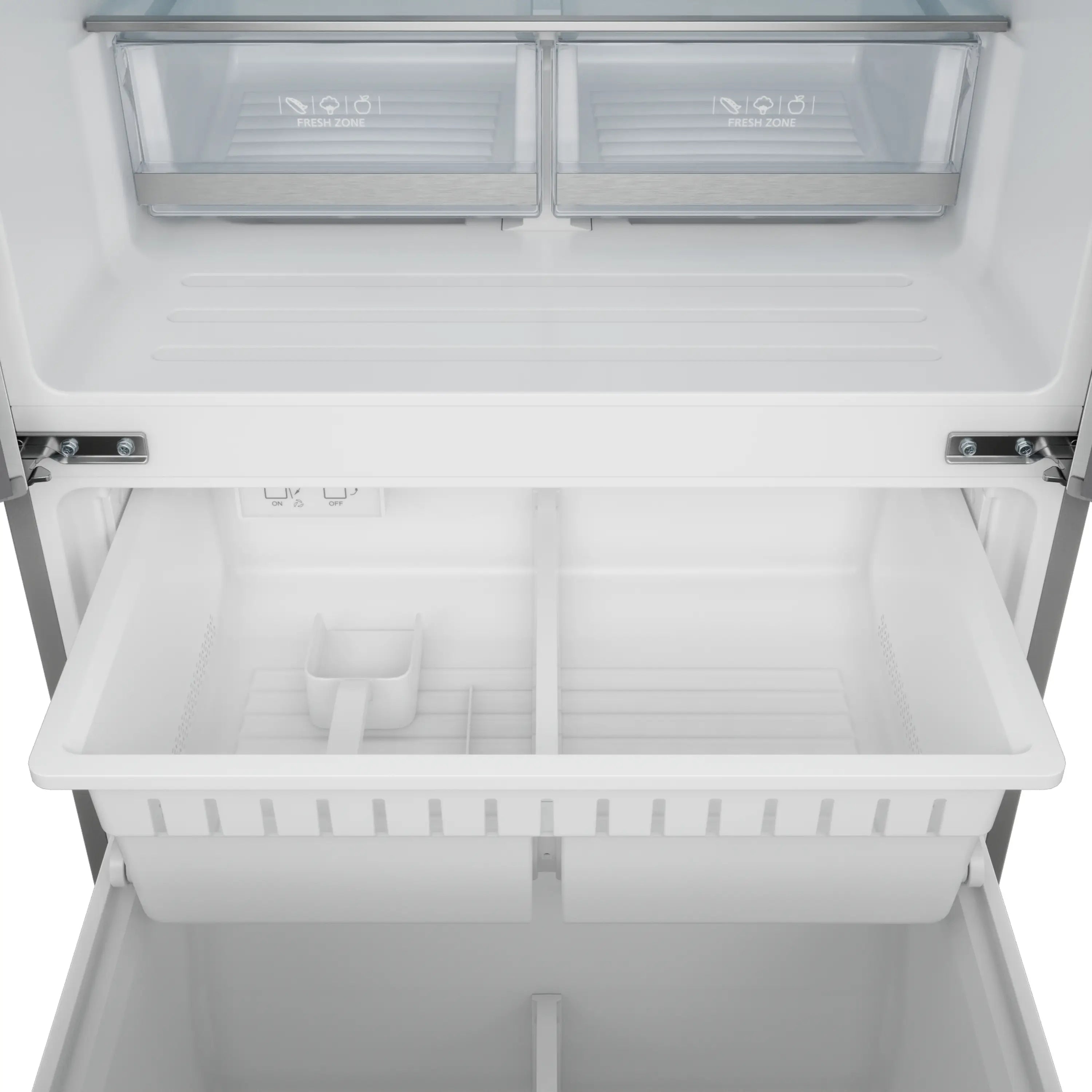 Open refrigerator interior with top drawers and freezer compartment below