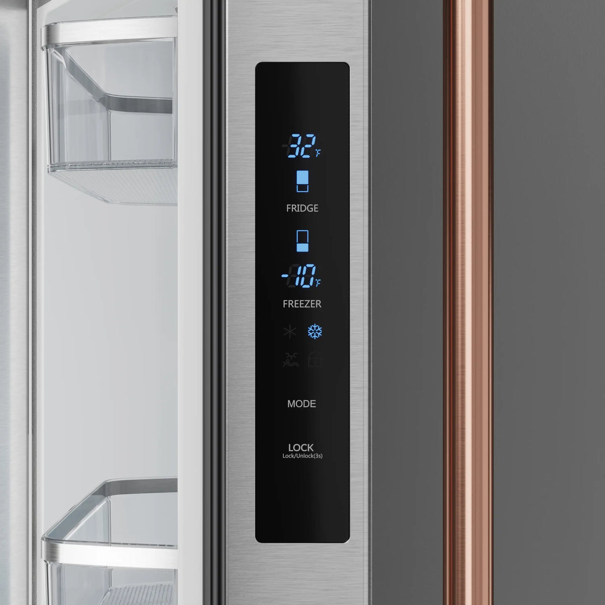 Refrigerator control panel with digital temperature display and mode buttons, rose gold trim.