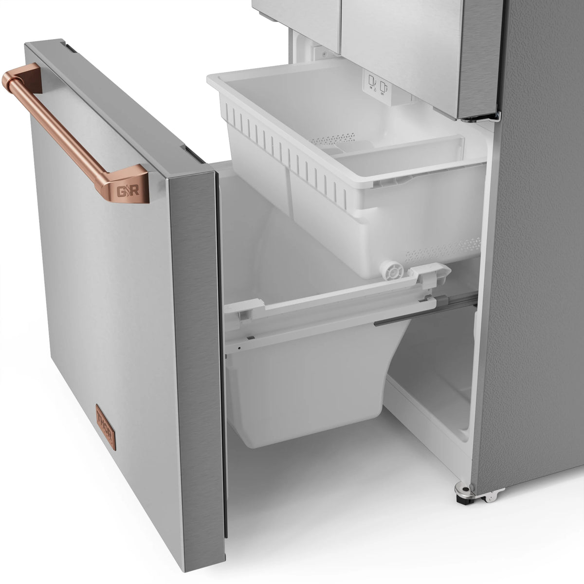 Refrigerator with open freezer drawer and ice bin, showing a clean white interior.