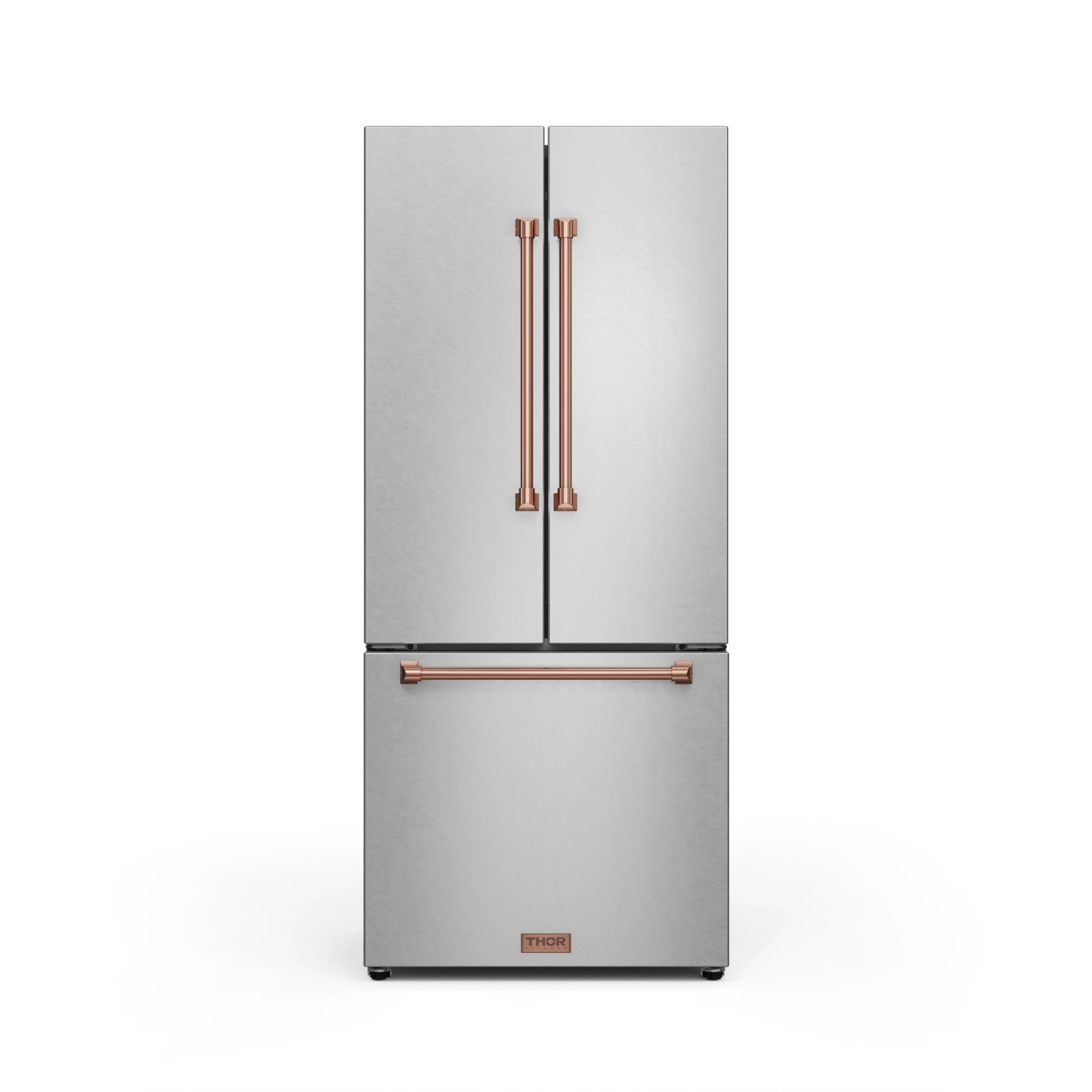 Stainless refrigerator with French doors over freezer base and rose gold twin handles.