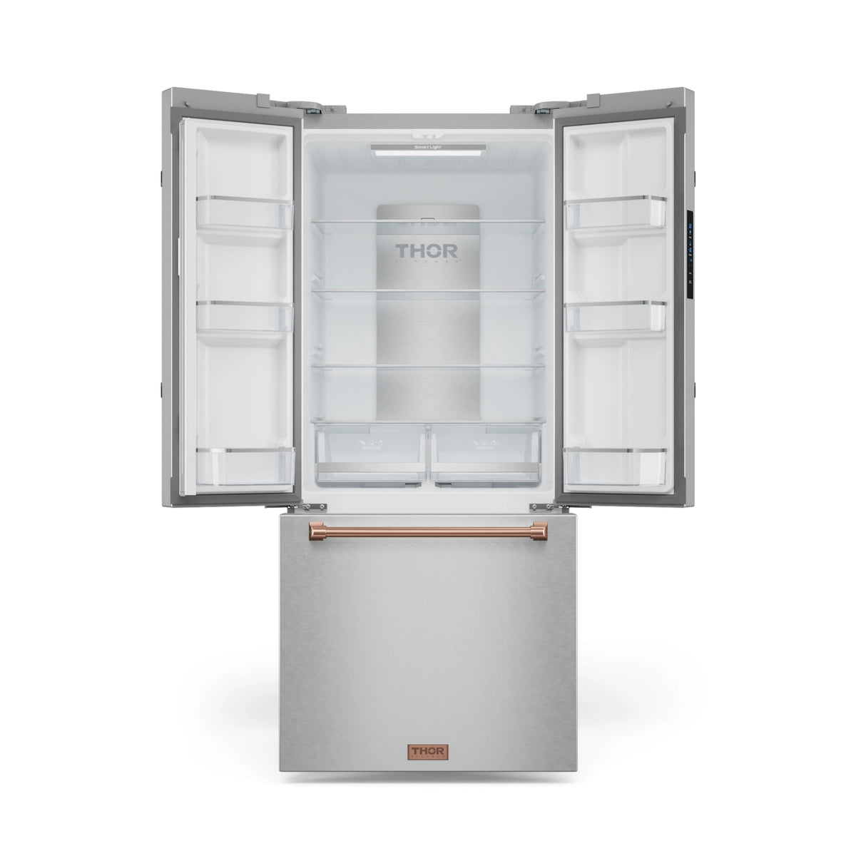 French door refrigerator with lower freezer door open and interior racks visible.