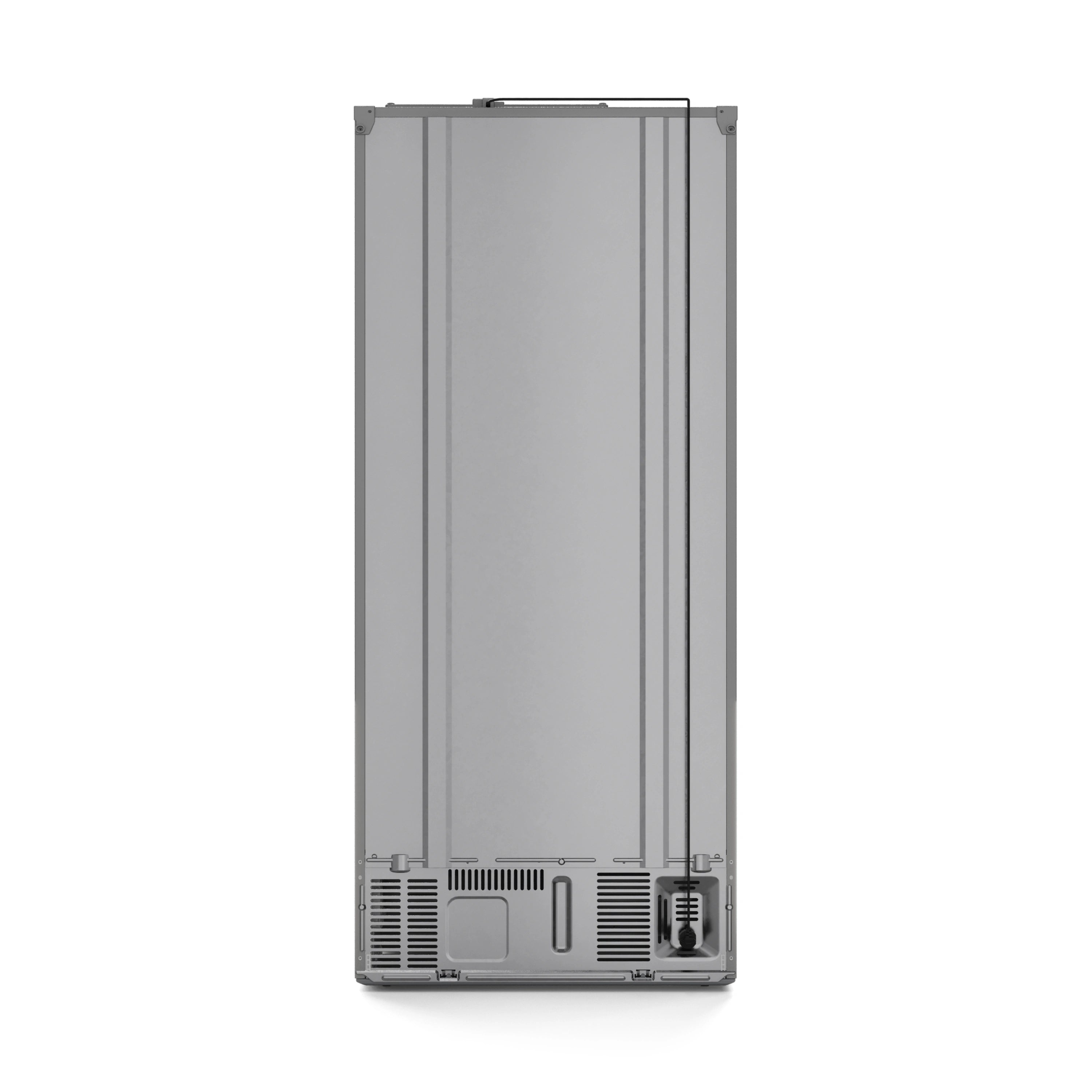 Stainless steel refrigerator bottom with base panel, vents, and leveling feet