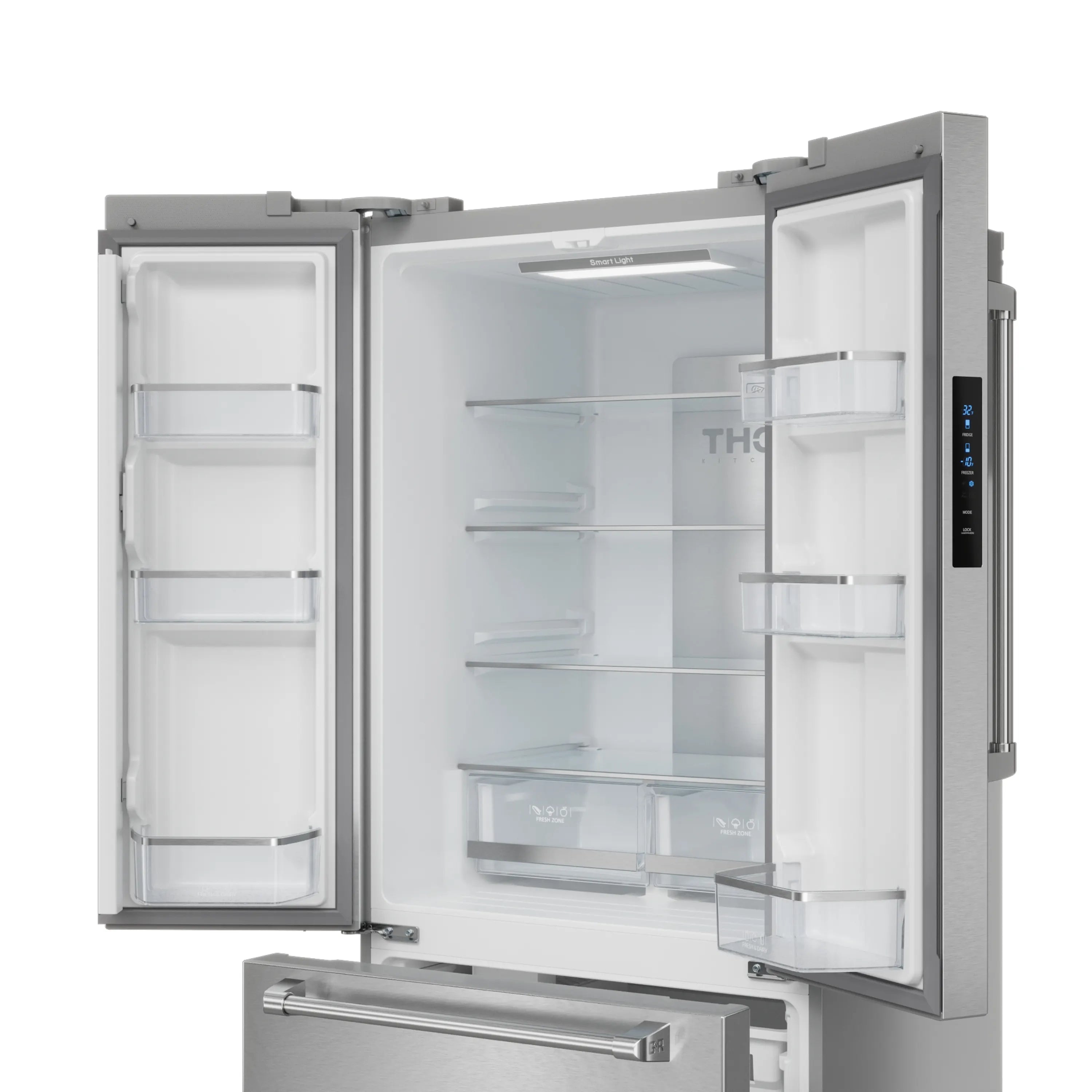 Stainless steel French door refrigerator with doors open and clear interior shelves