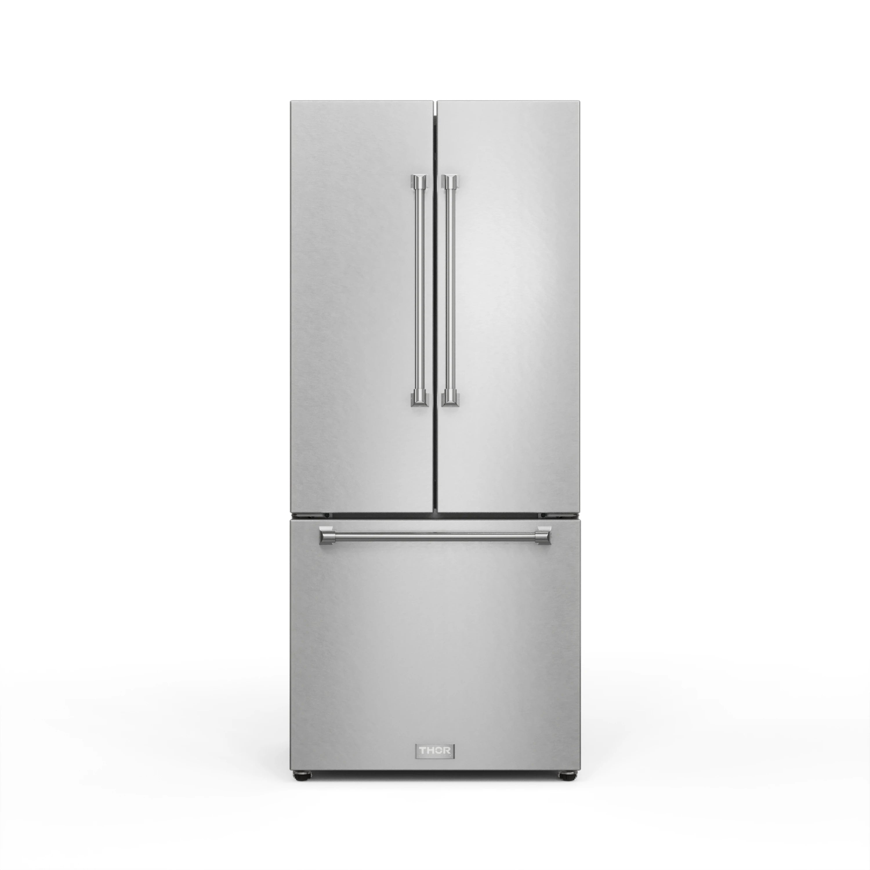 Stainless steel French door refrigerator with two vertical handles