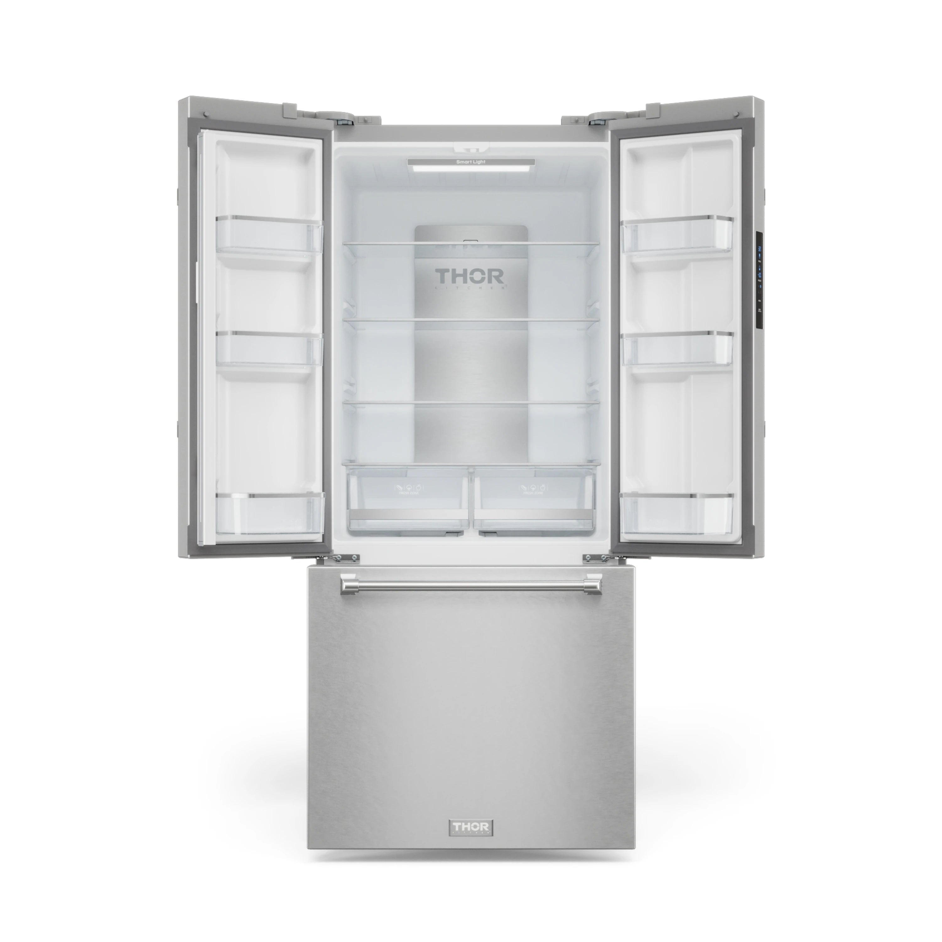 Stainless steel French door refrigerator with doors open and lower freezer door down