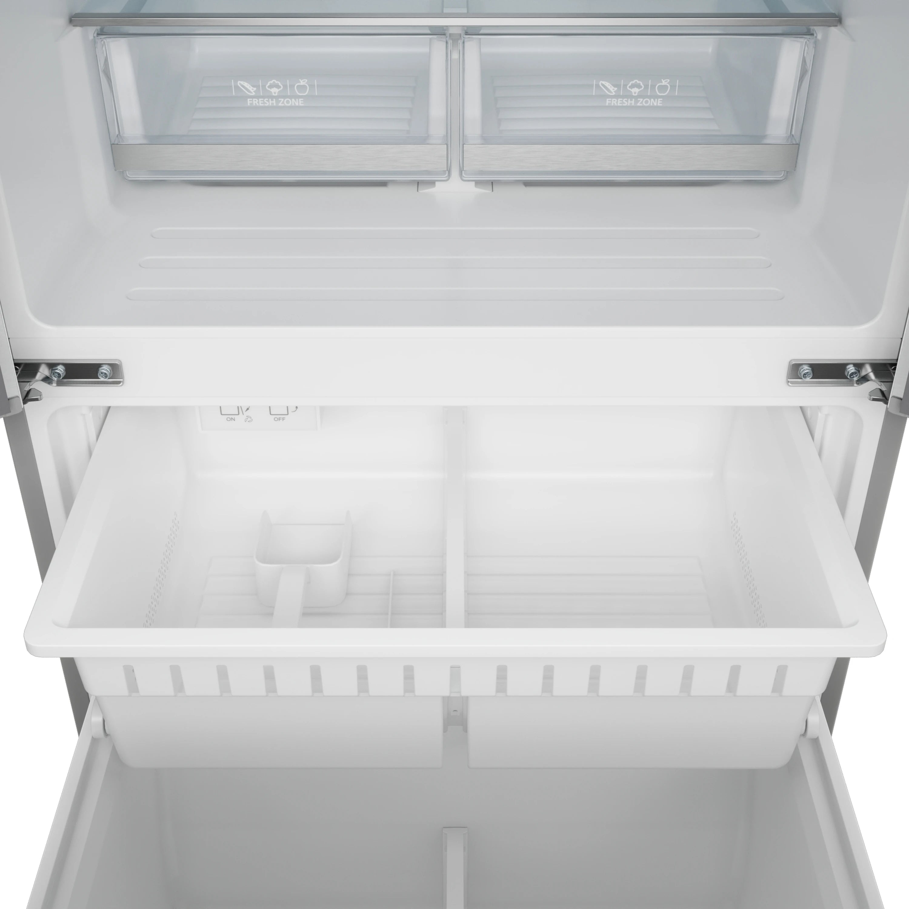 Refrigerator interior view with adjustable shelves and clear bins on the door