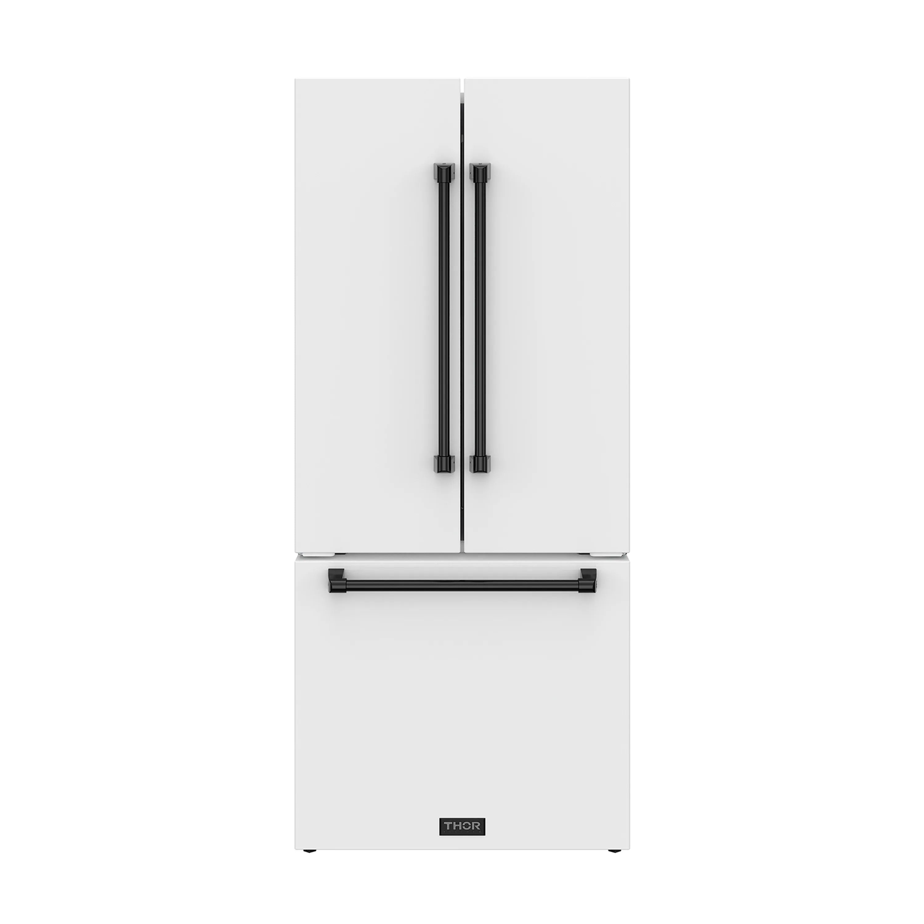 White French door refrigerator with black handles and ice maker, counter-depth