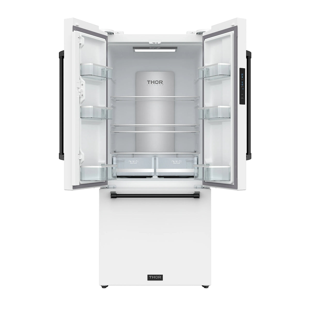White French door refrigerator open view with shelves and black ice dispenser handle