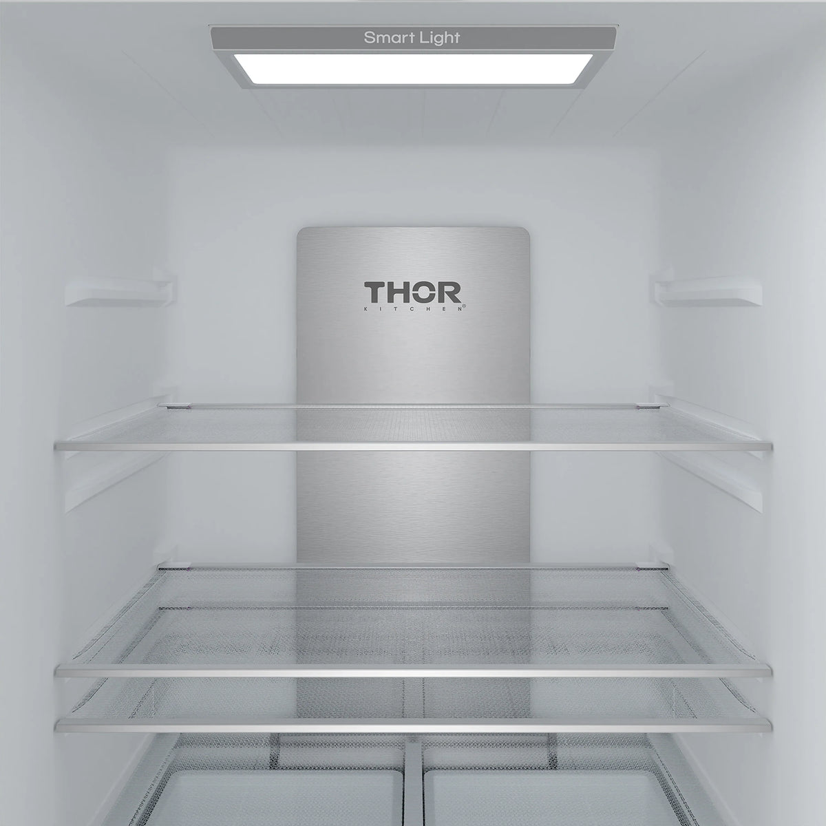 LED-lit refrigerator interior with glass shelves and THOR branding